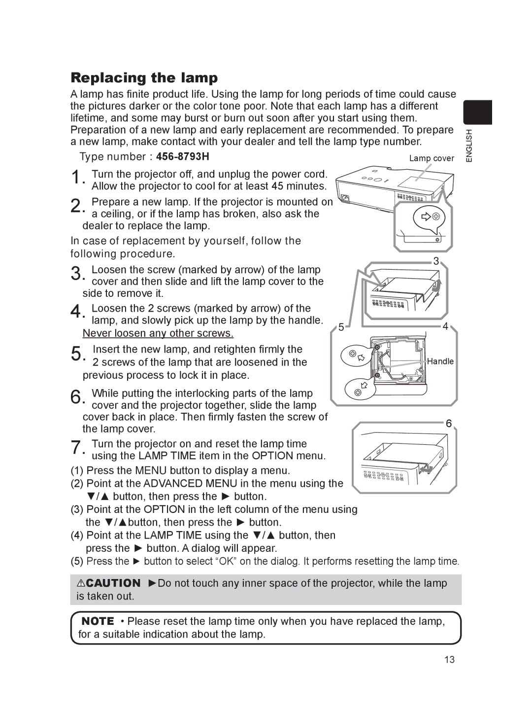 Dukane 8793h Replacing the lamp, Type number 456-8793H, Case of replacement by yourself, follow Following procedure 