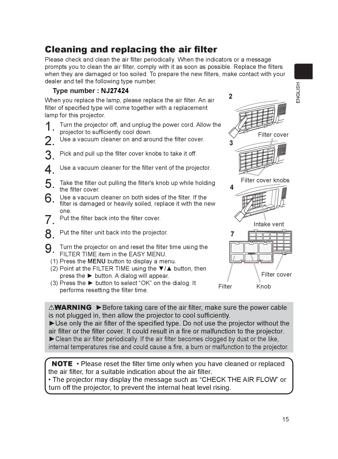 Dukane 8793h user manual Cleaning and replacing the air filter, Type number NJ27424 