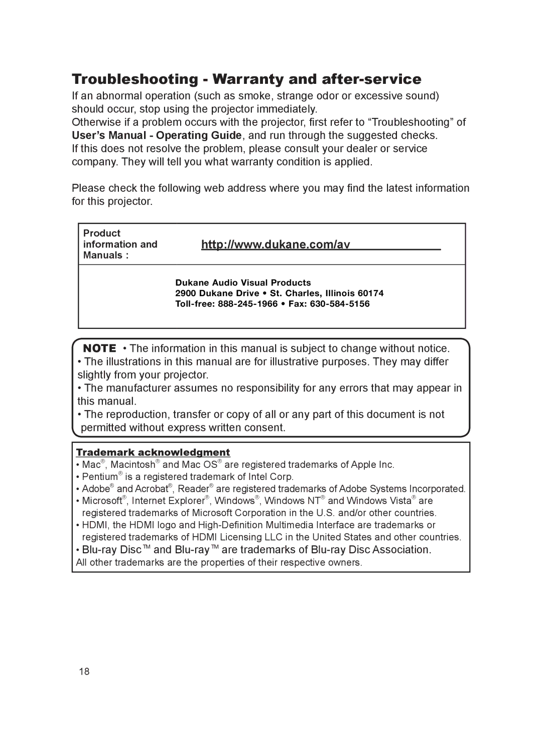 Dukane 8793h user manual Troubleshooting Warranty and after-service, Trademark acknowledgment 