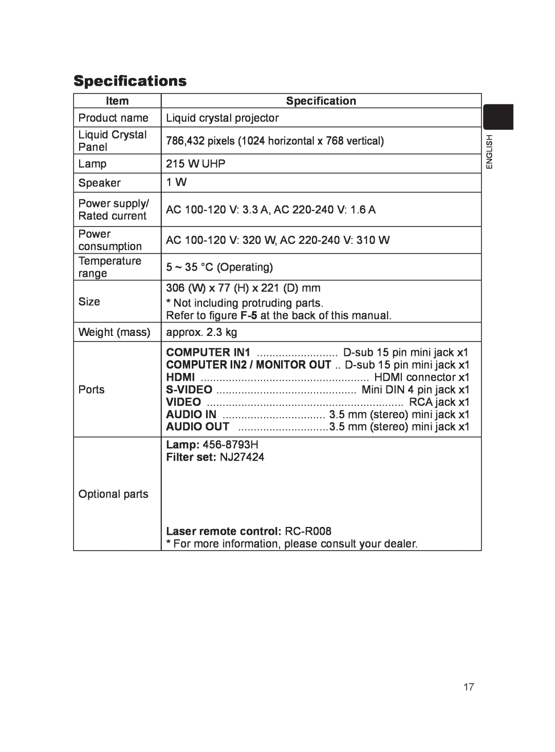 Dukane 8793h user manual Specifications, Item, Filter set: NJ27424, Laser remote control: RC-R008 