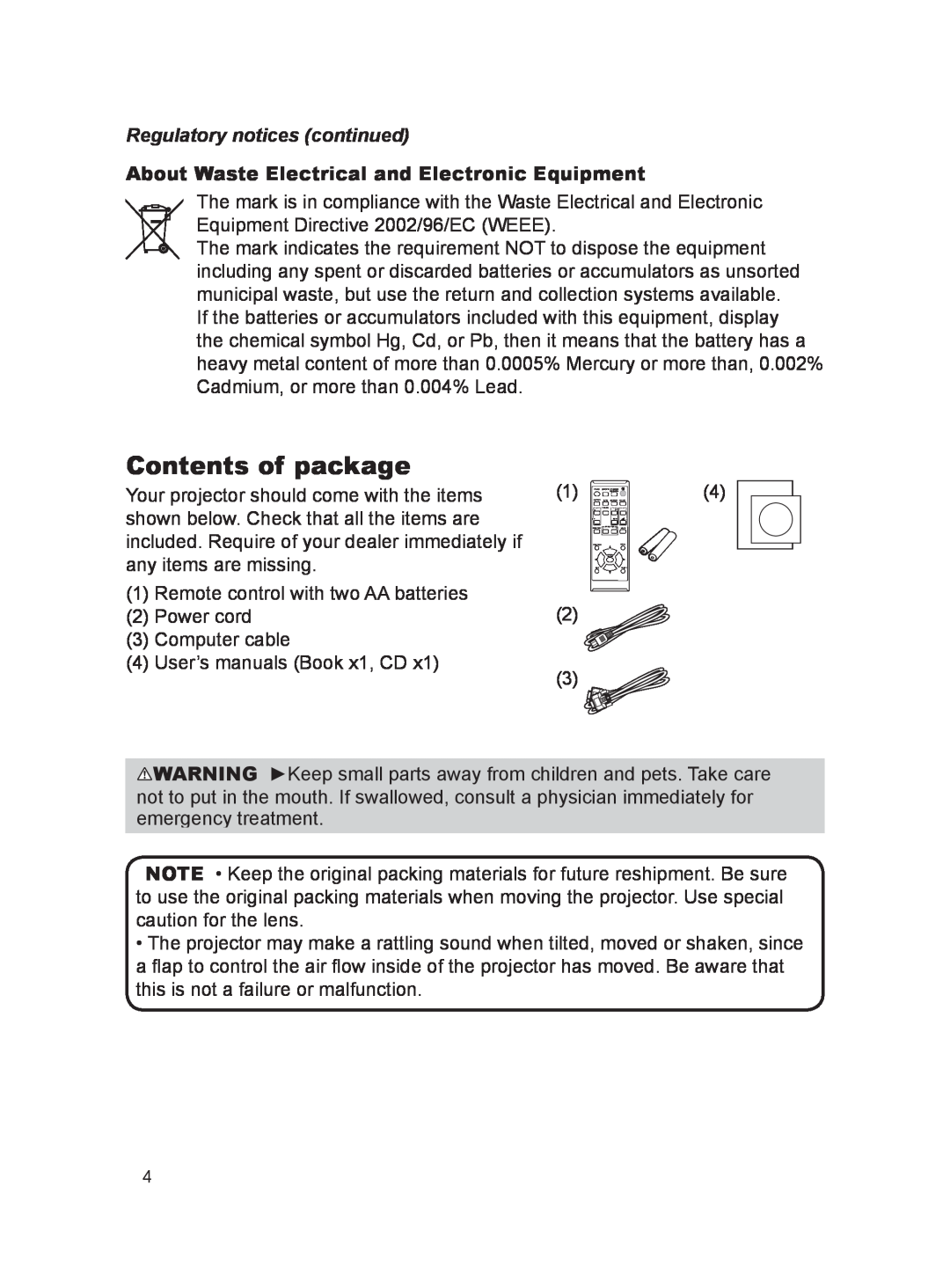 Dukane 8793h user manual Contents of package, Regulatory notices continued, About Waste Electrical and Electronic Equipment 