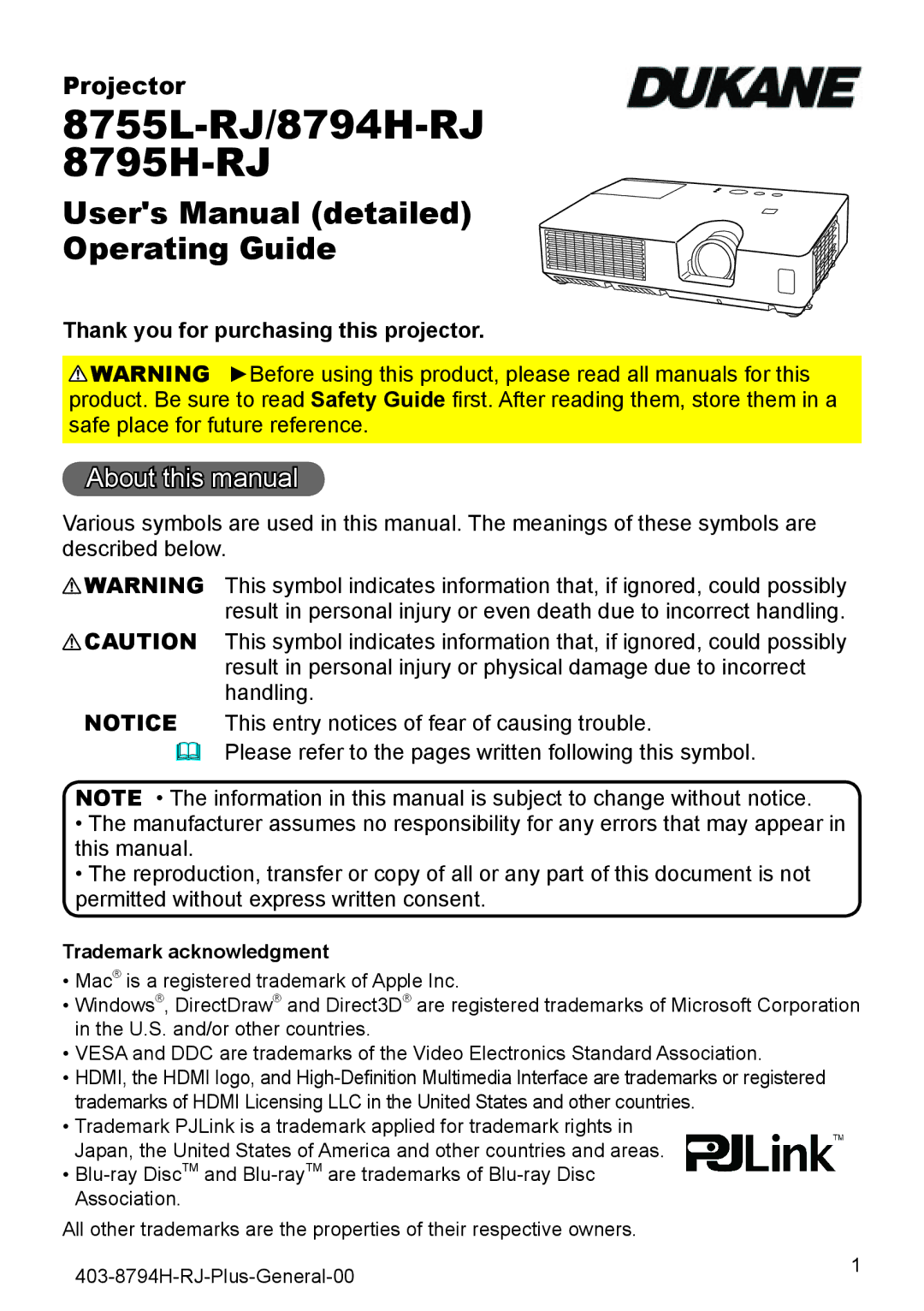 Dukane 8795H-RJ, 8794H-RJ manual About this manual, Thank you for purchasing this projector, Trademark acknowledgment 