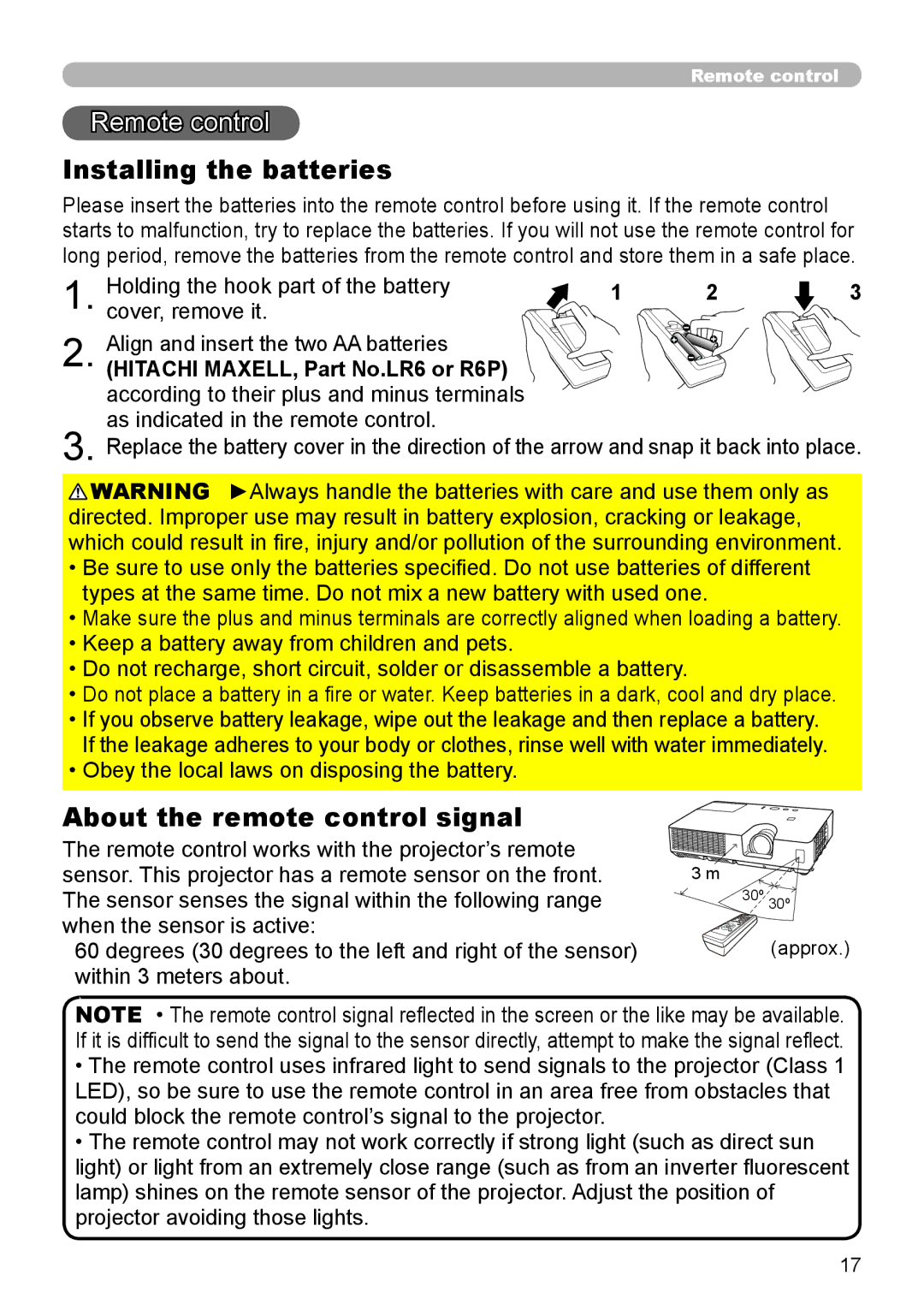 Dukane 8755L-RJ, 8794H-RJ, 8795H-RJ manual Remote control, Installing the batteries, About the remote control signal 