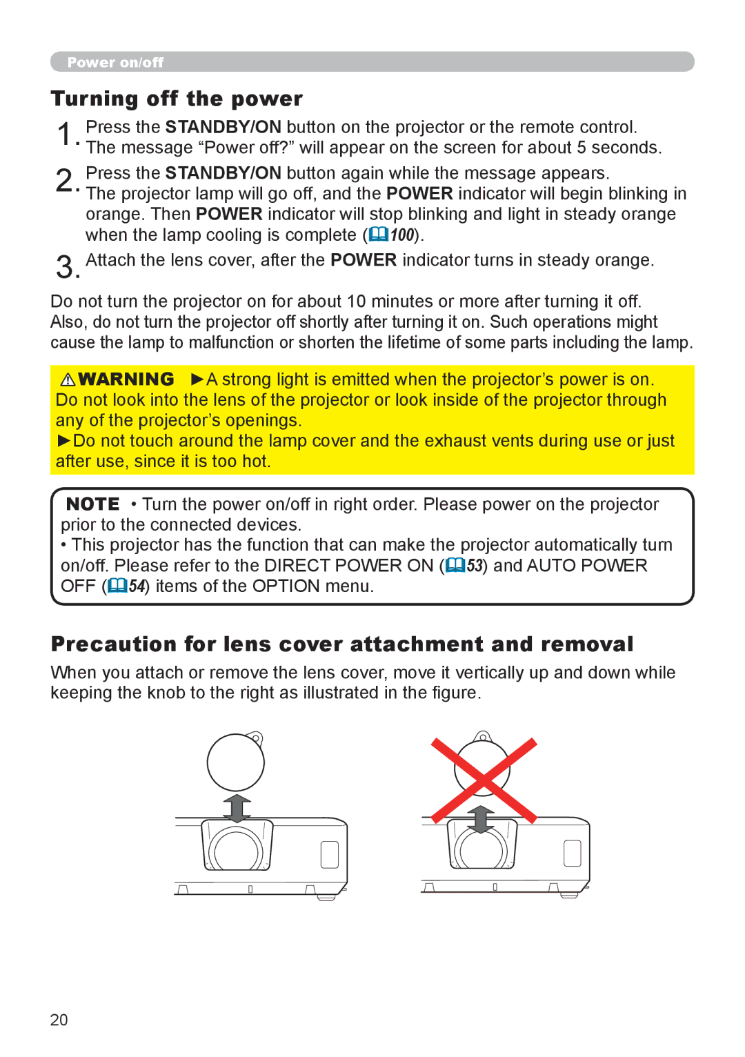 Dukane 8755L-RJ, 8794H-RJ, 8795H-RJ manual Turning off the power, Precaution for lens cover attachment and removal 