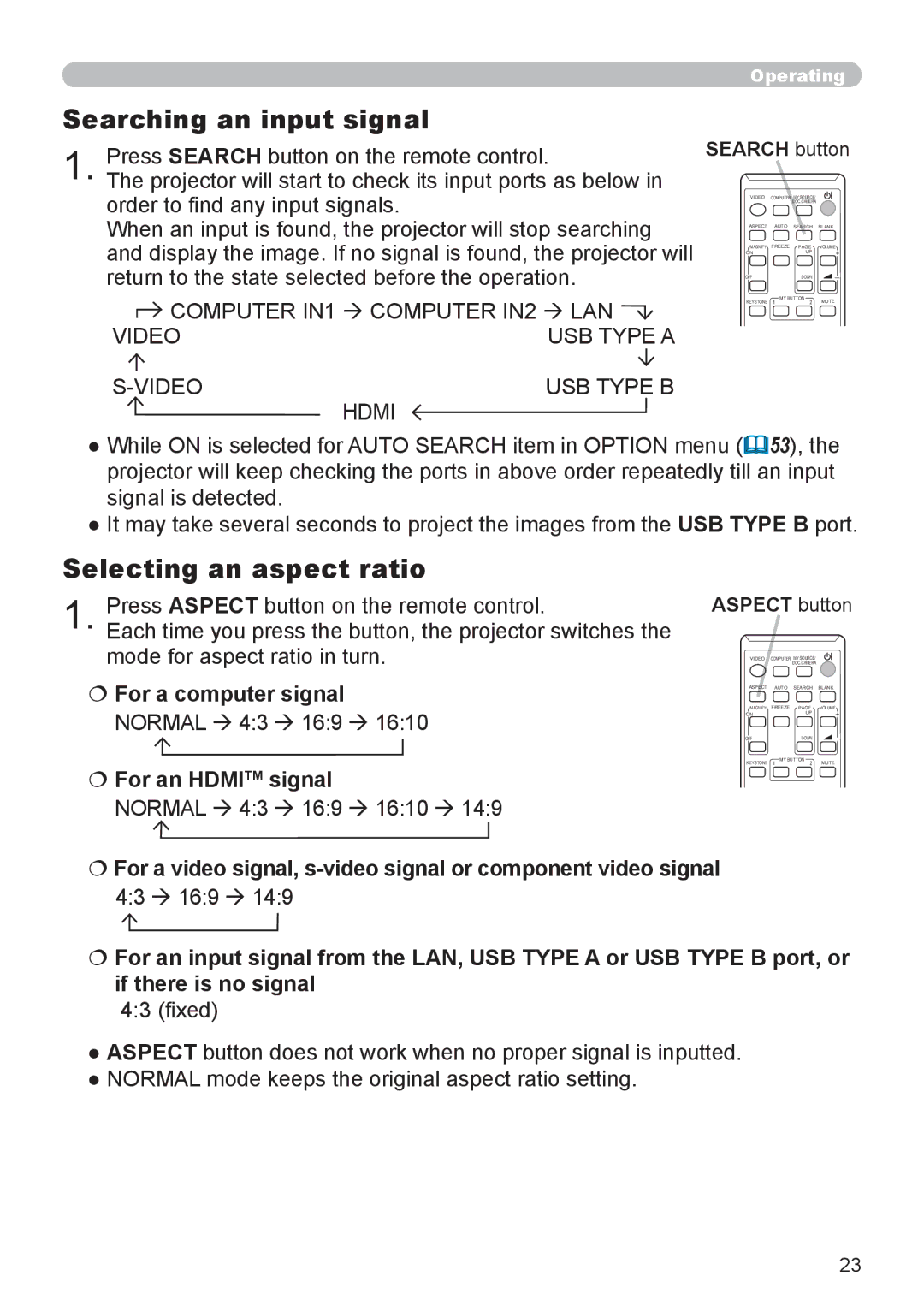 Dukane 8755L-RJ Searching an input signal, Selecting an aspect ratio,  For a computer signal,  For an Hdmitm signal 