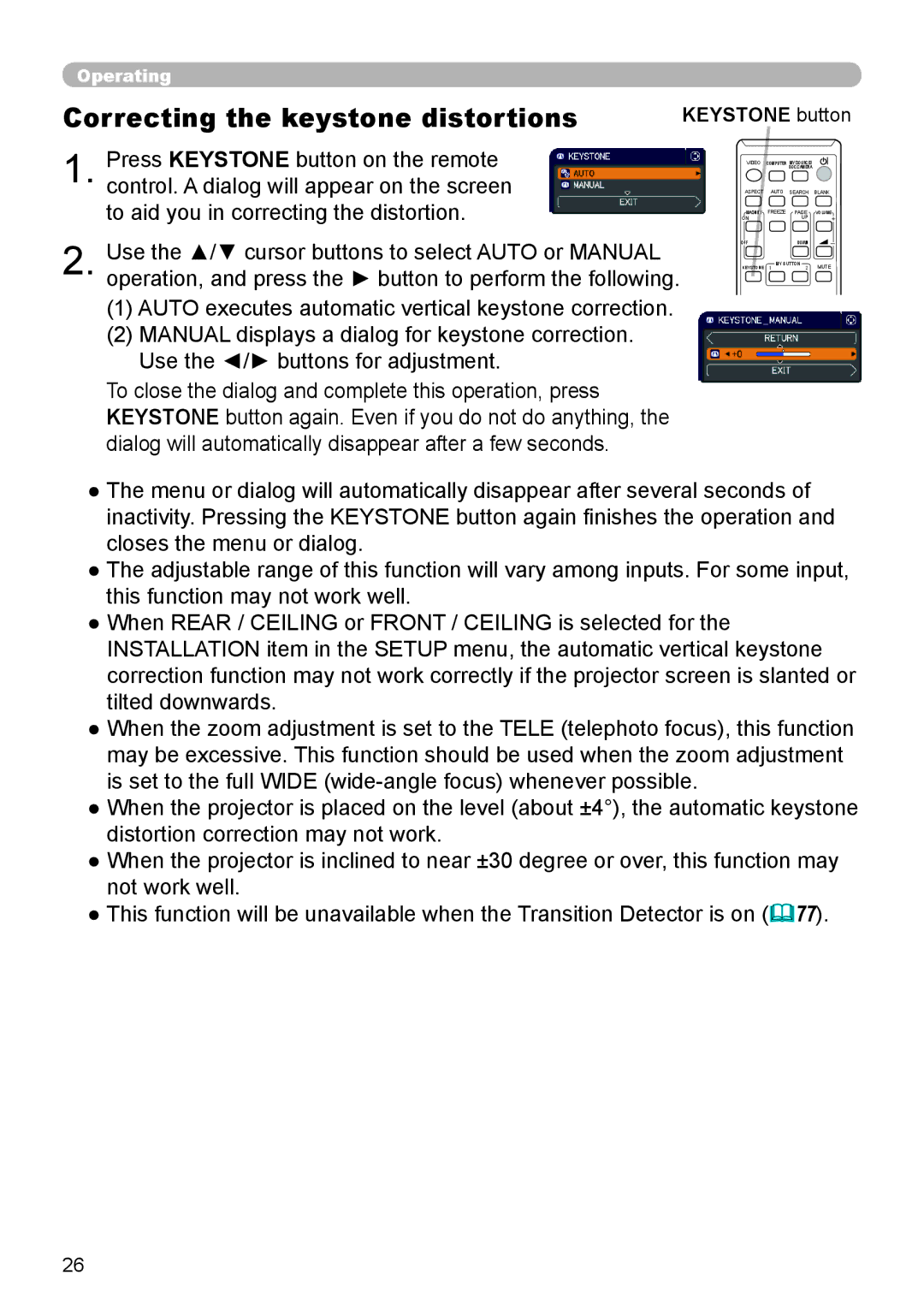 Dukane 8755L-RJ, 8794H-RJ, 8795H-RJ manual Correcting the keystone distortions, Keystone button 