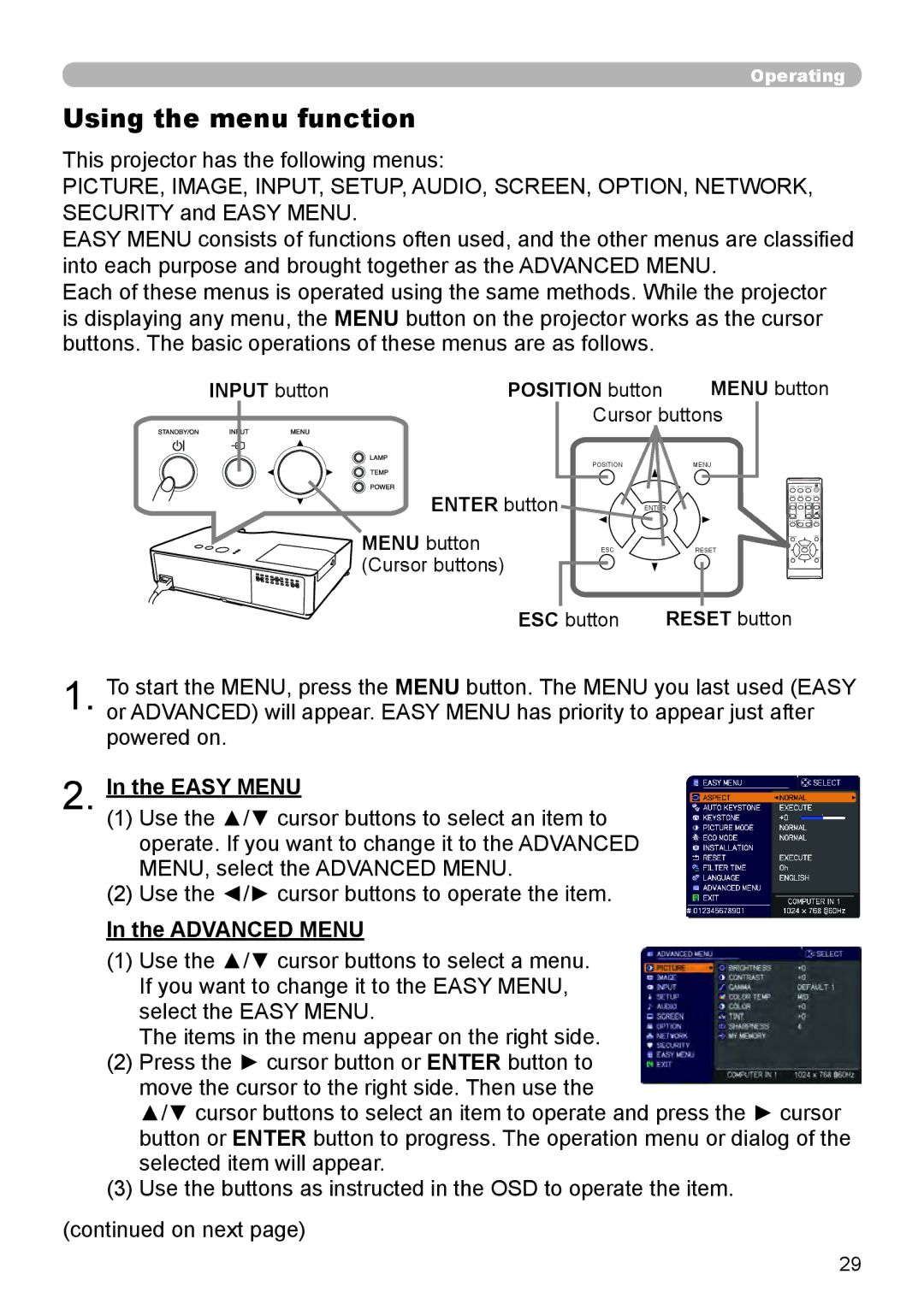 Dukane 8755L-RJ, 8794H-RJ, 8795H-RJ manual Using the menu function, Easy Menu, Advanced Menu 