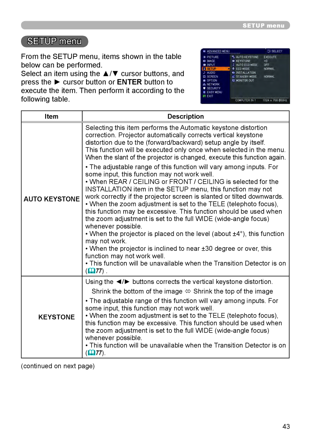 Dukane 8795H-RJ, 8794H-RJ, 8755L-RJ manual Setup menu, Auto Keystone 