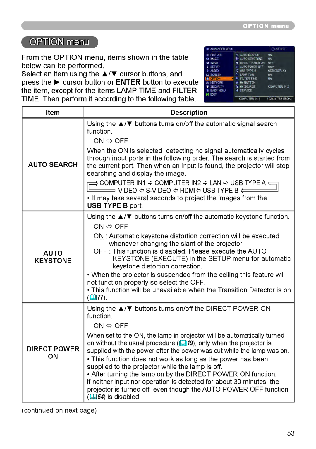 Dukane 8755L-RJ, 8794H-RJ, 8795H-RJ manual Option menu, Auto Search, USB Type B port, Direct Power 