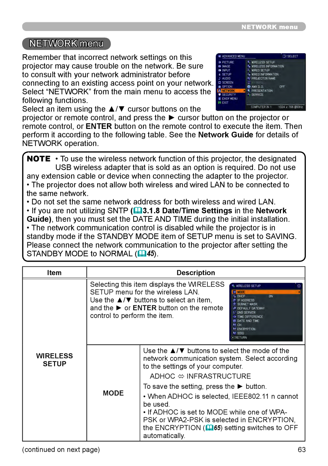 Dukane 8794H-RJ, 8795H-RJ, 8755L-RJ manual Network menu, Wireless Setup 