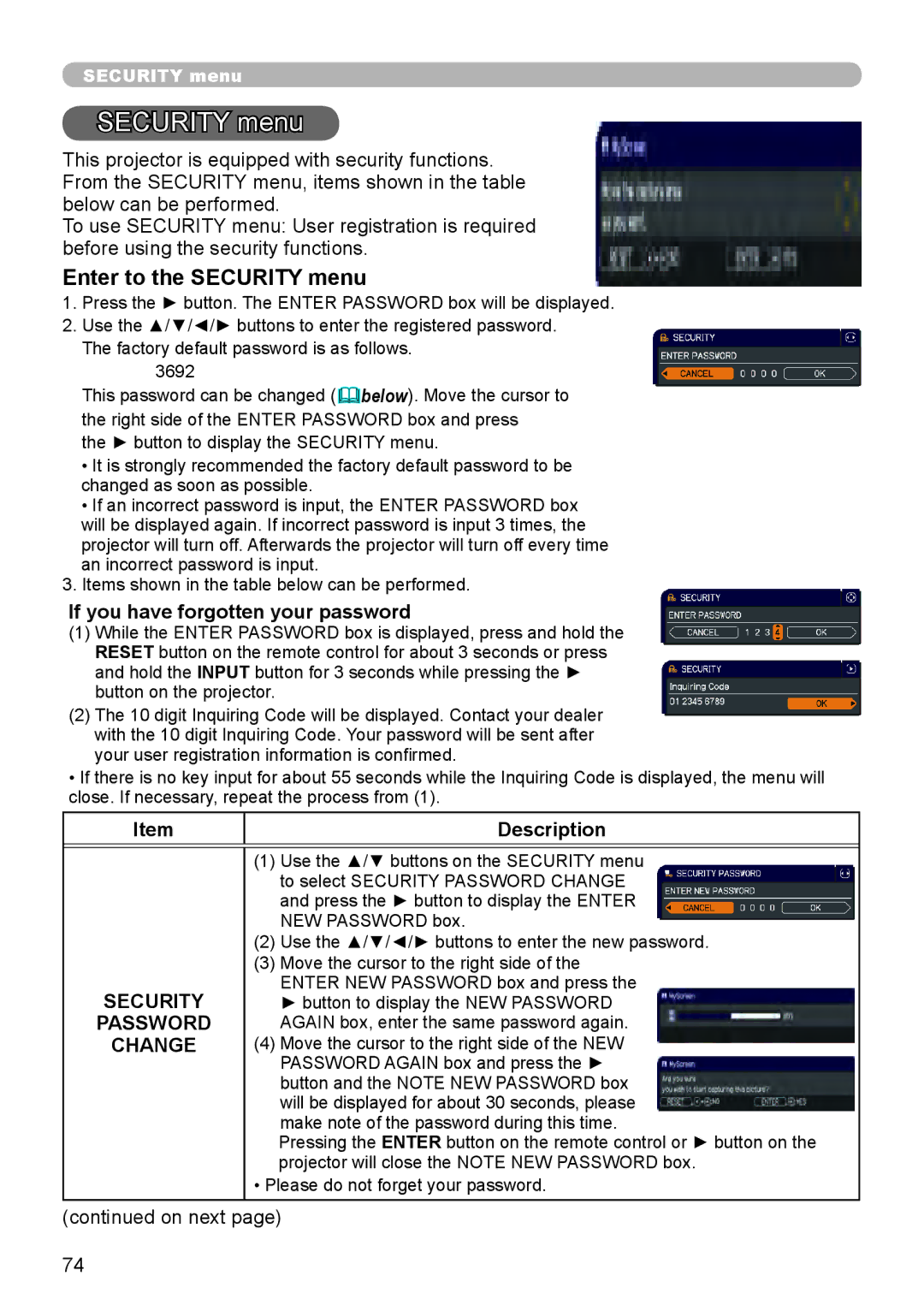 Dukane 8755L-RJ, 8794H-RJ, 8795H-RJ manual Enter to the Security menu, Password, Change 