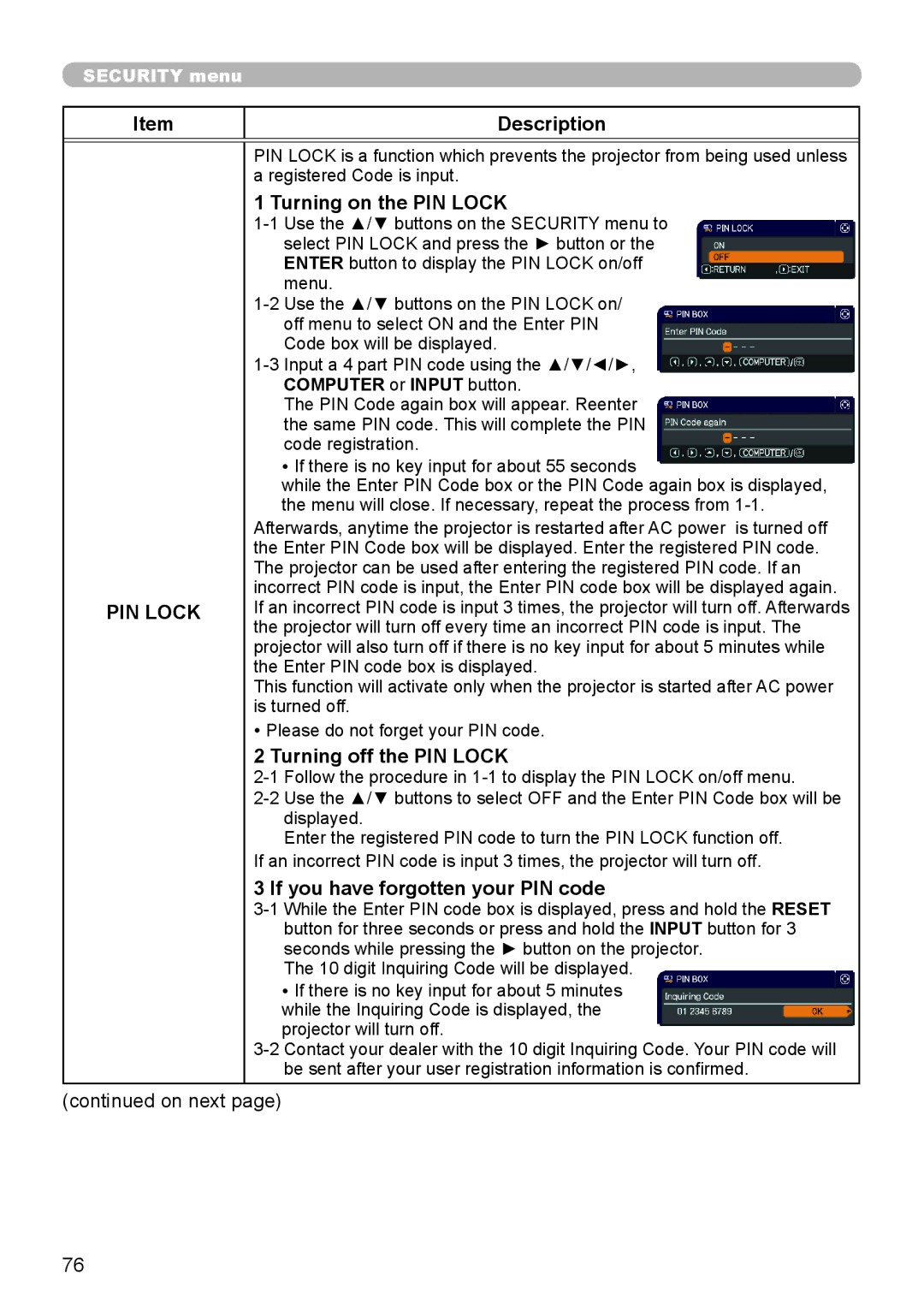 Dukane 8795H-RJ, 8794H-RJ manual Turning on the PIN Lock, Turning off the PIN Lock, If you have forgotten your PIN code 