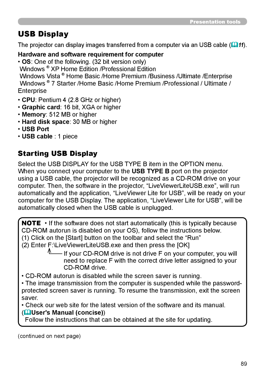 Dukane 8755L-RJ, 8794H-RJ, 8795H-RJ USB Display, Hardware and software requirement for computer, USB Port USB cable 1 piece 