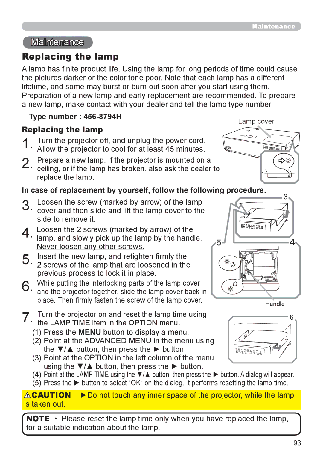 Dukane 8794H-RJ, 8795H-RJ, 8755L-RJ manual Maintenance, Replacing the lamp, Type number 456-8794H 