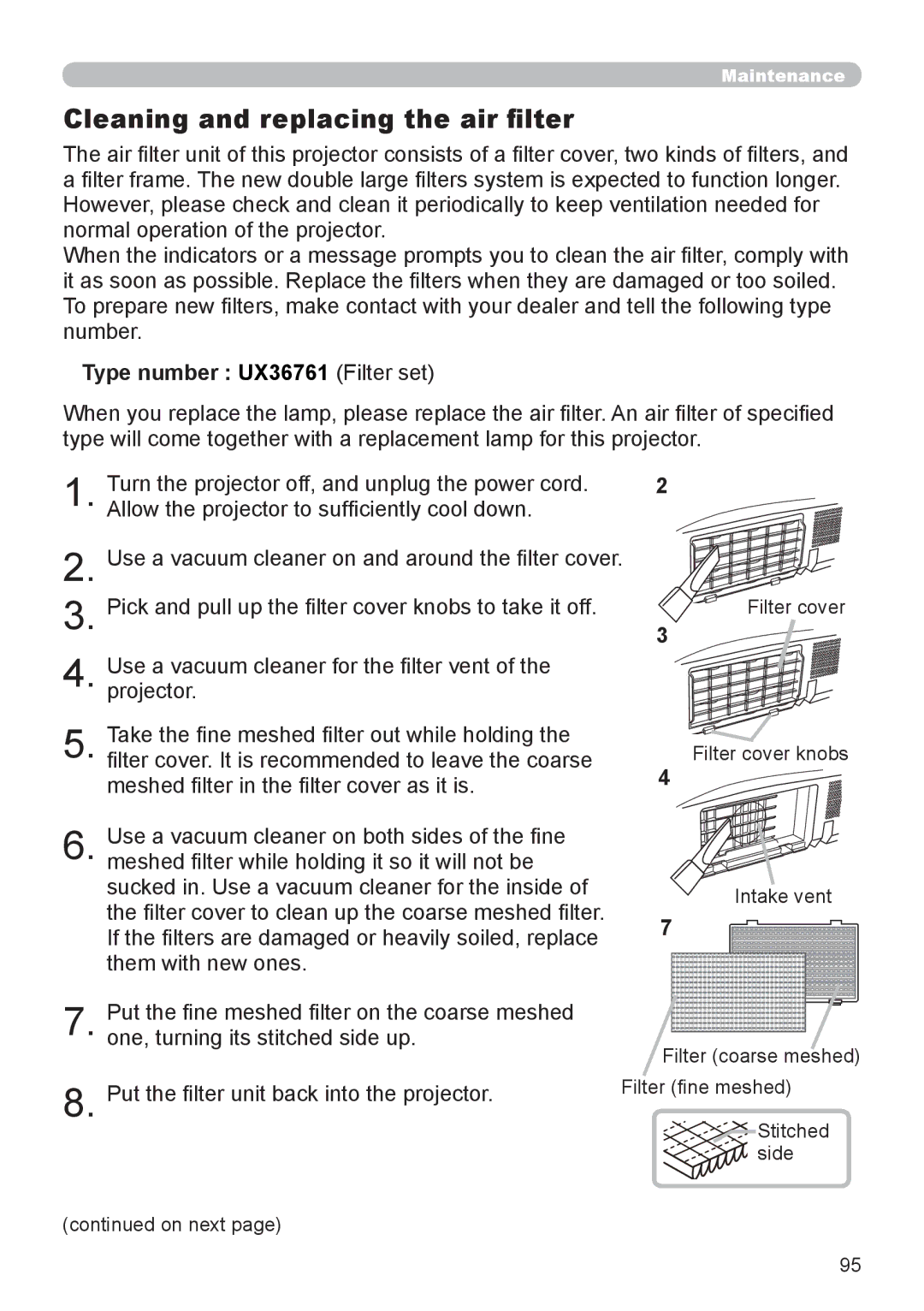 Dukane 8755L-RJ, 8794H-RJ, 8795H-RJ manual Cleaning and replacing the air filter, Type number UX36761 Filter set 