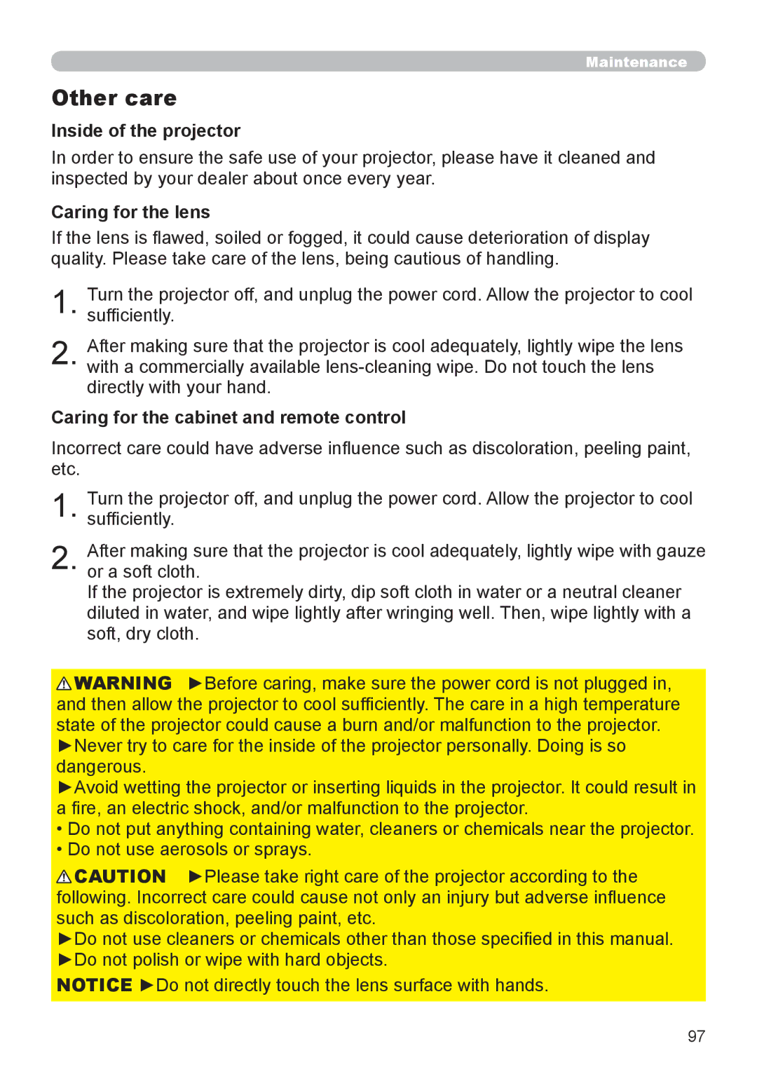 Dukane 8795H-RJ manual Other care, Inside of the projector, Caring for the lens, Caring for the cabinet and remote control 