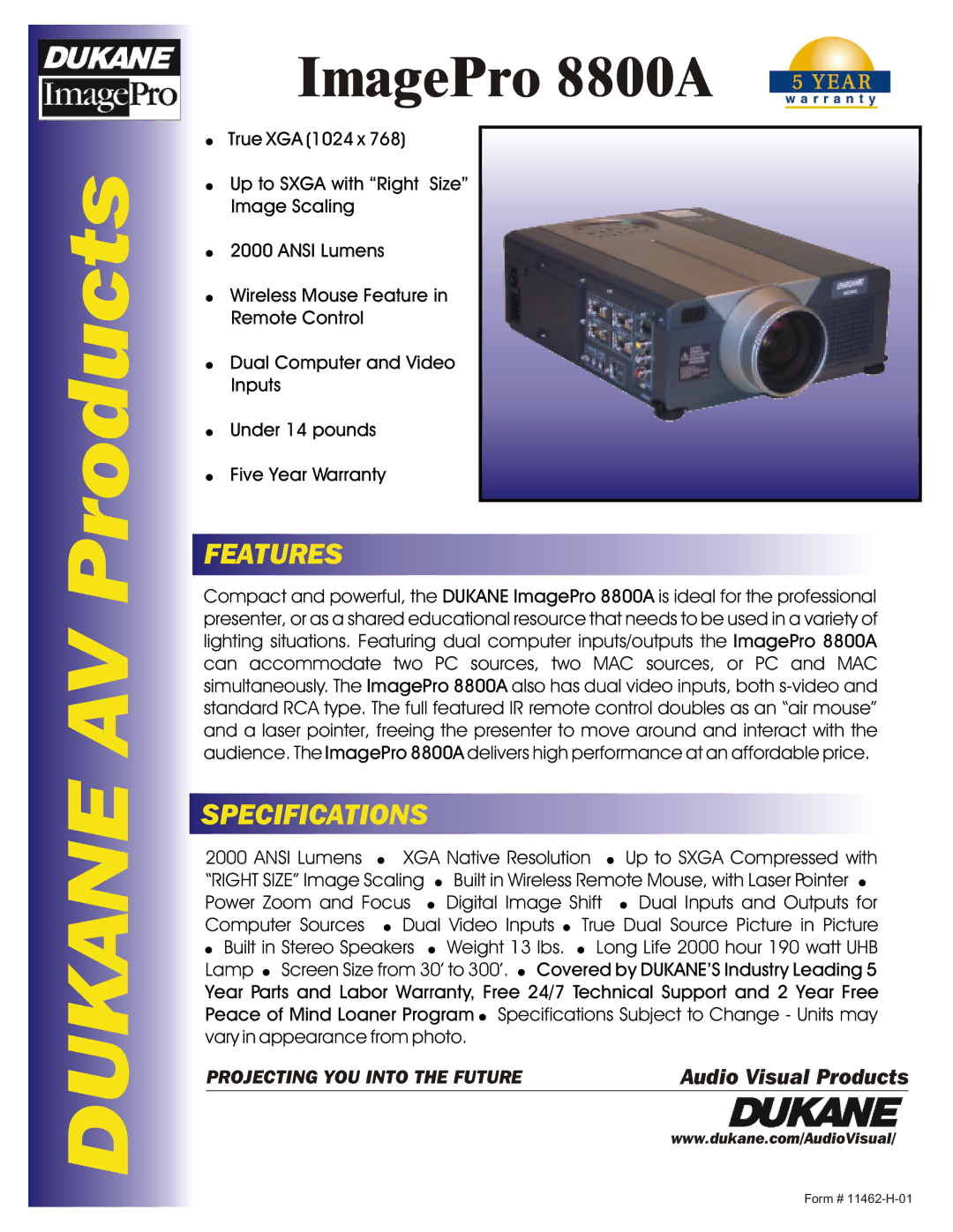 Dukane specifications Dukane AV Products, ImagePro 8800A, Features, Specifications 