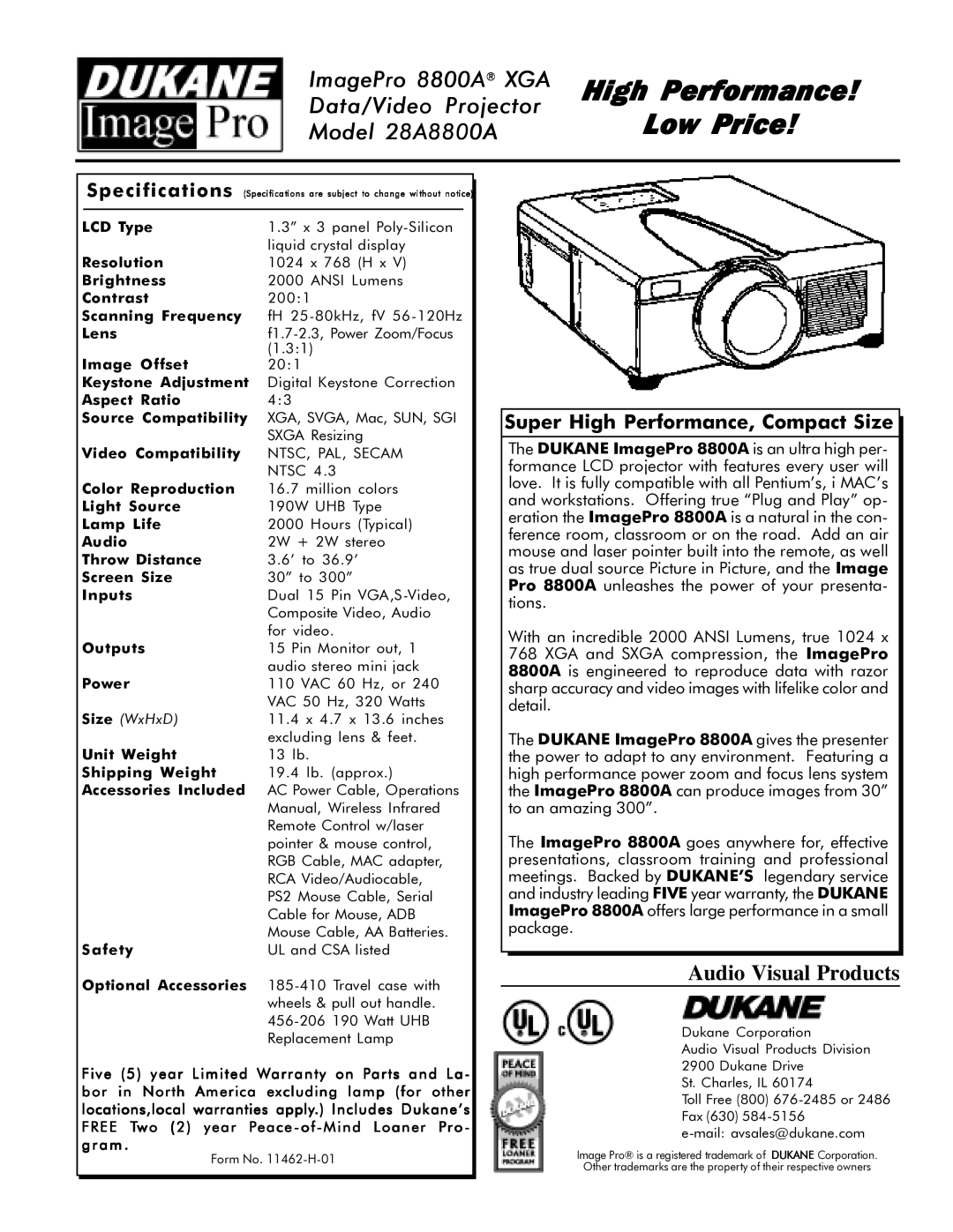 Dukane 8800A specifications High Performance Low Price, Audio Visual Products, Super High Performance, Compact Size 