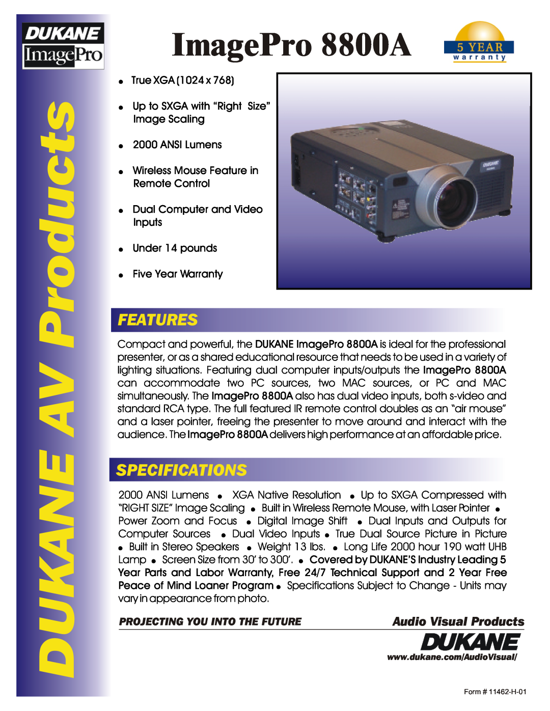 Dukane specifications DUKANE AV Products, ImagePro 8800A, Features, Specifications, Audio Visual Products 
