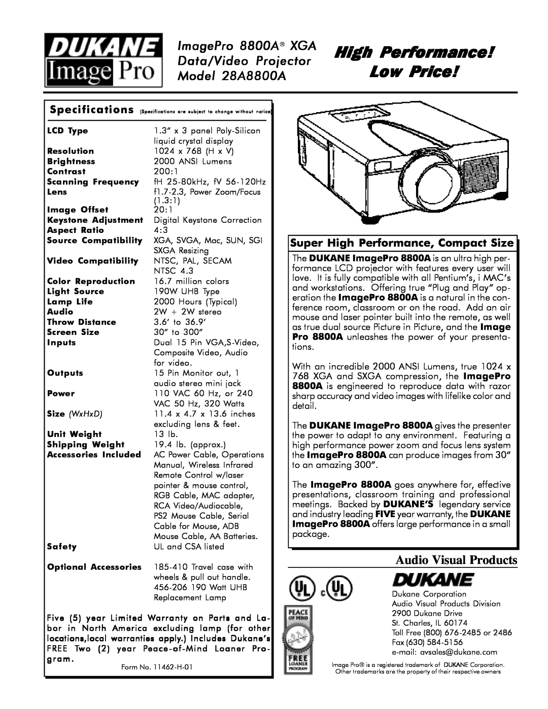 Dukane High Performance Low Price, ImagePro 8800A XGA Data/Video Projector Model 28A8800A, Audio Visual Products 