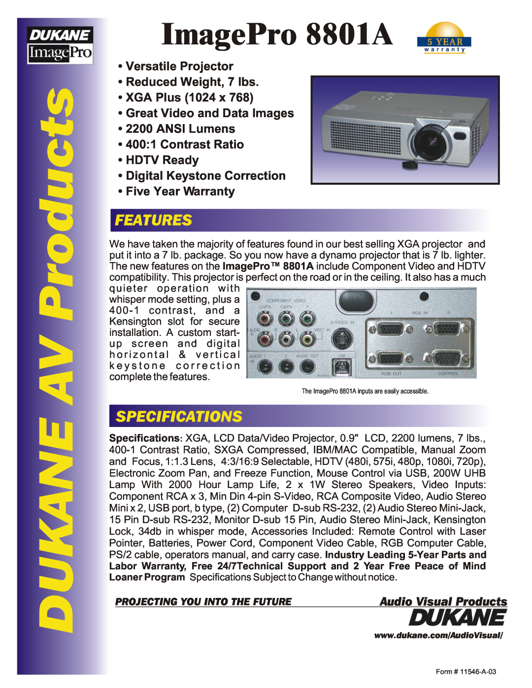 Dukane specifications DUKANE AV Products, ImagePro 8801A, Features, Specifications, Audio Visual Products 