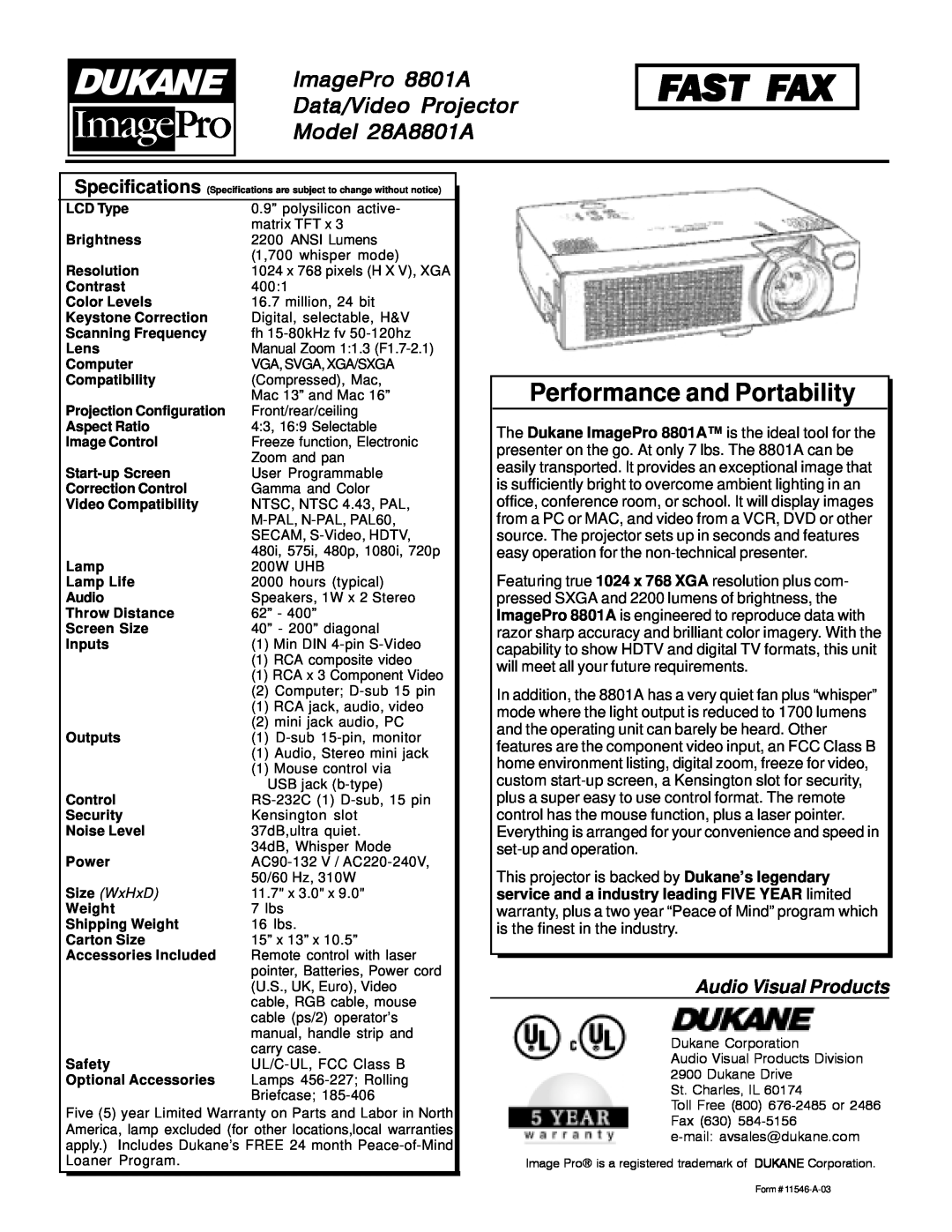 Dukane Fast Fax, Performance and Portability, ImagePro 8801A Data/Video Projector Model 28A8801A, Audio Visual Products 