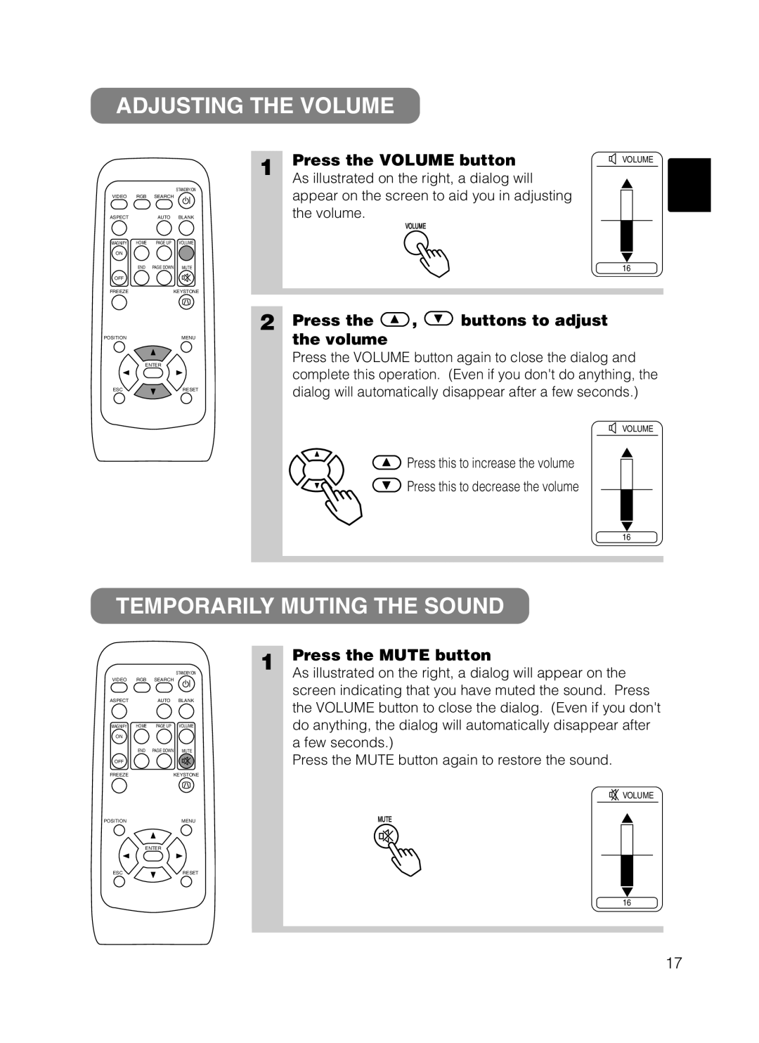 Dukane 8802 Adjusting the Volume, Temporarily Muting the Sound, Press the Volume button, Press Buttons to adjust Volume 