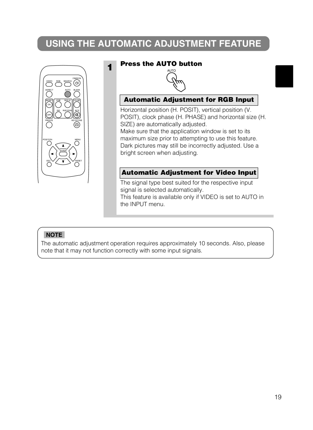 Dukane 8802, 8062 manual Using the Automatic Adjustment Feature, Press the Auto button, Automatic Adjustment for RGB Input 