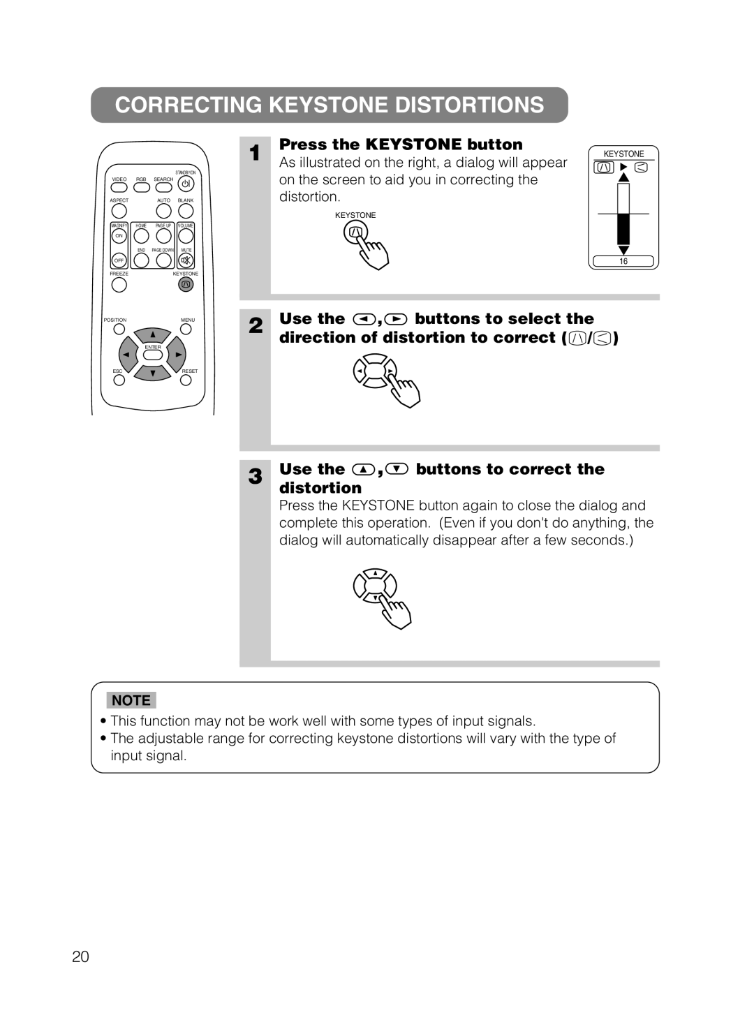 Dukane 8062 Correcting Keystone Distortions, Press the Keystone button, As illustrated on the right, a dialog will appear 