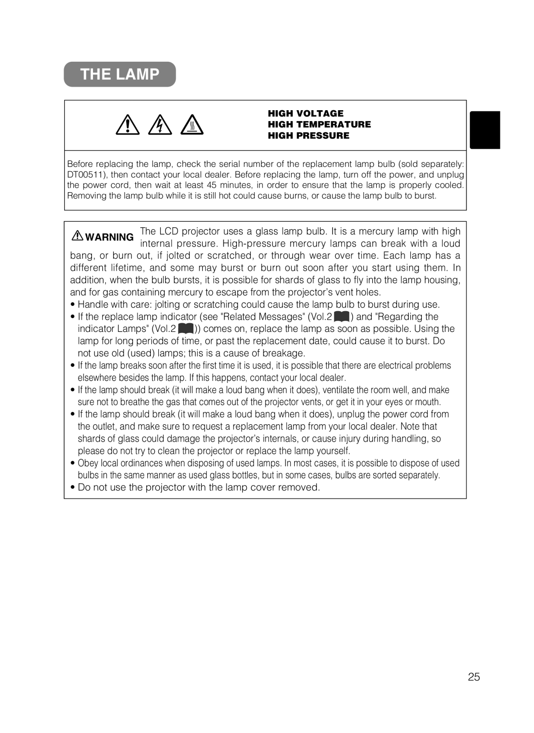 Dukane 8802, 8062 Lamp, Do not use the projector with the lamp cover removed, High Voltage High Temperature High Pressure 