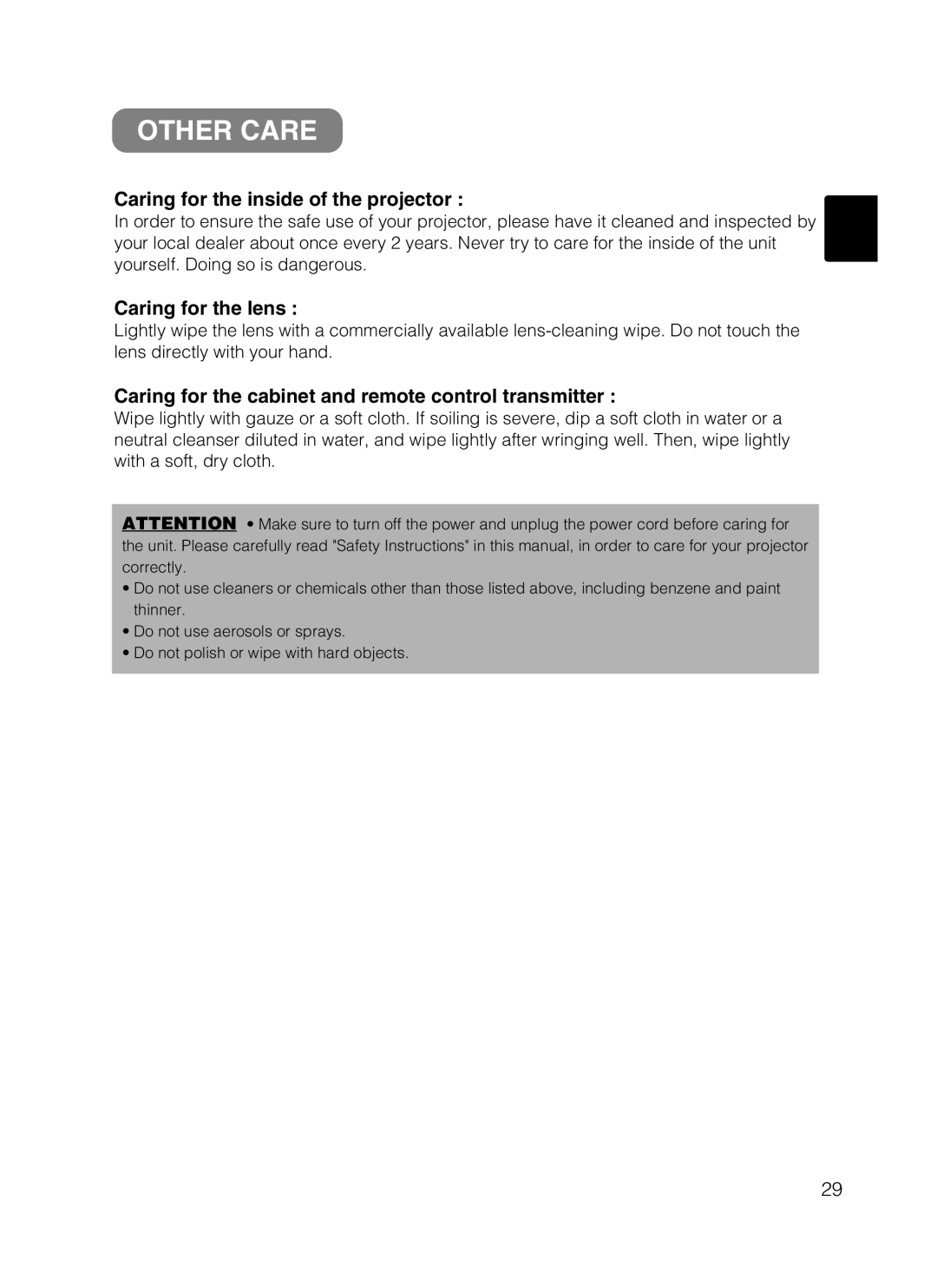 Dukane 8802, 8062 manual Other Care, Caring for the inside of the projector, Caring for the lens 