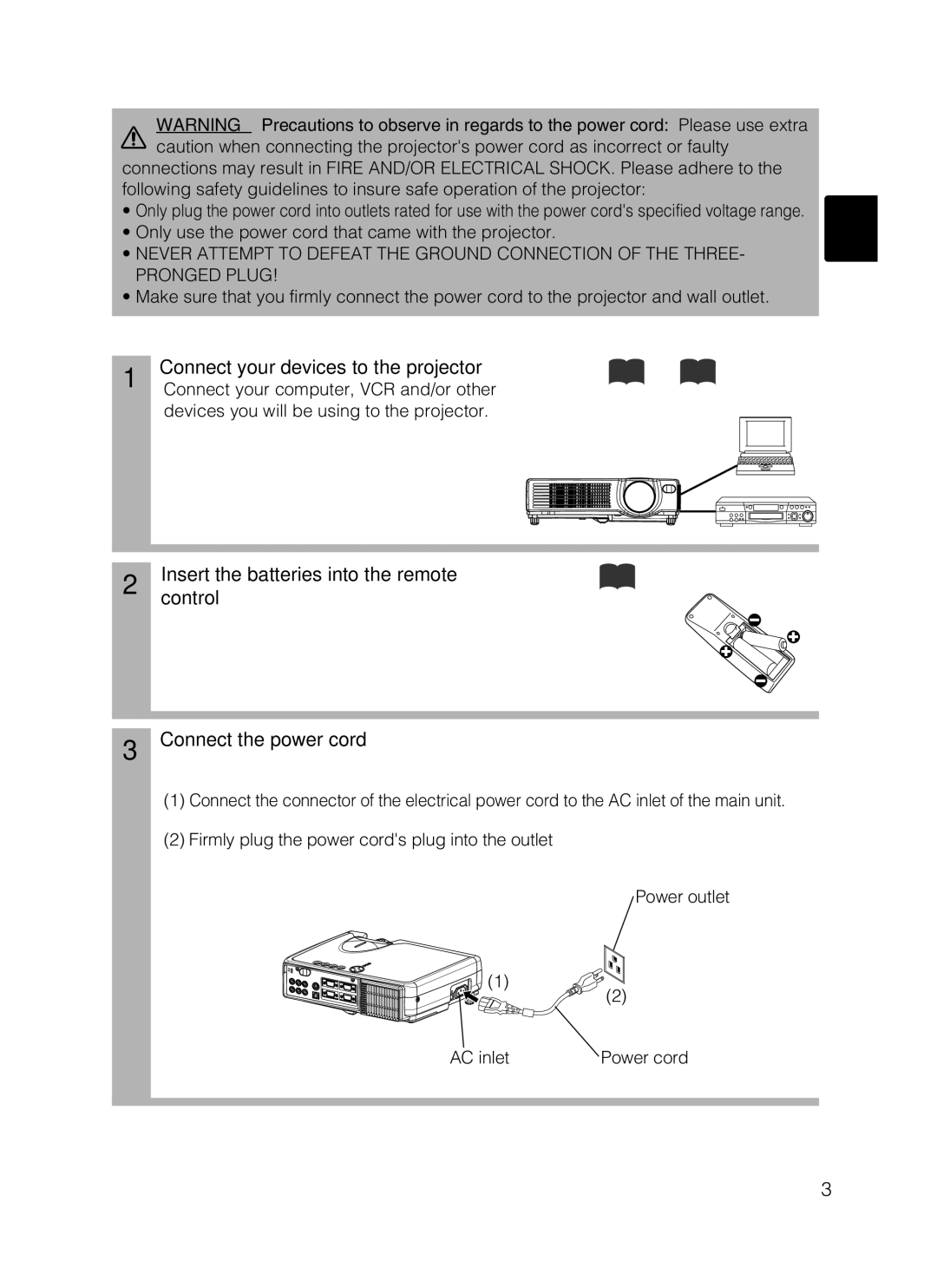 Dukane 8802 Only use the power cord that came with the projector, Devices you will be using to the projector, Power cord 