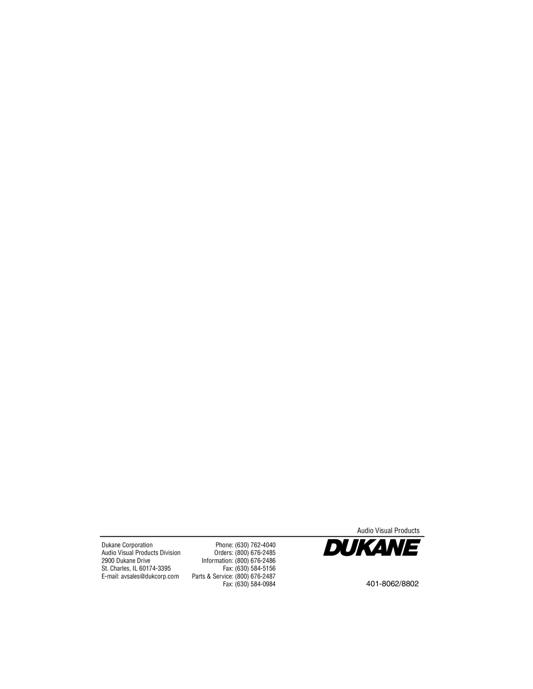 Dukane manual 401-8062/8802, Audio Visual Products 