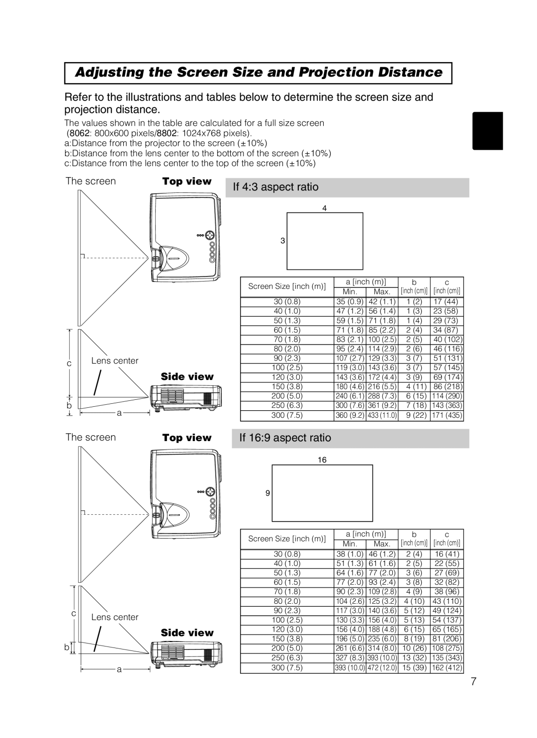 Dukane 8802, 8062 manual Adjusting the Screen Size and Projection Distance, Top view Side view 