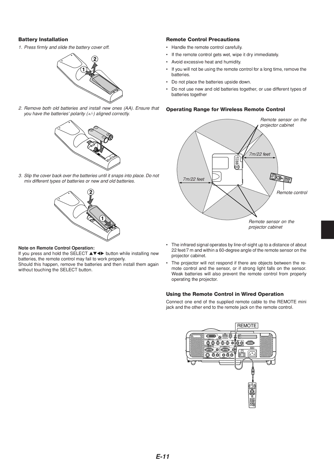 Dukane 8805 user manual Battery Installation, Remote Control Precautions, Operating Range for Wireless Remote Control 