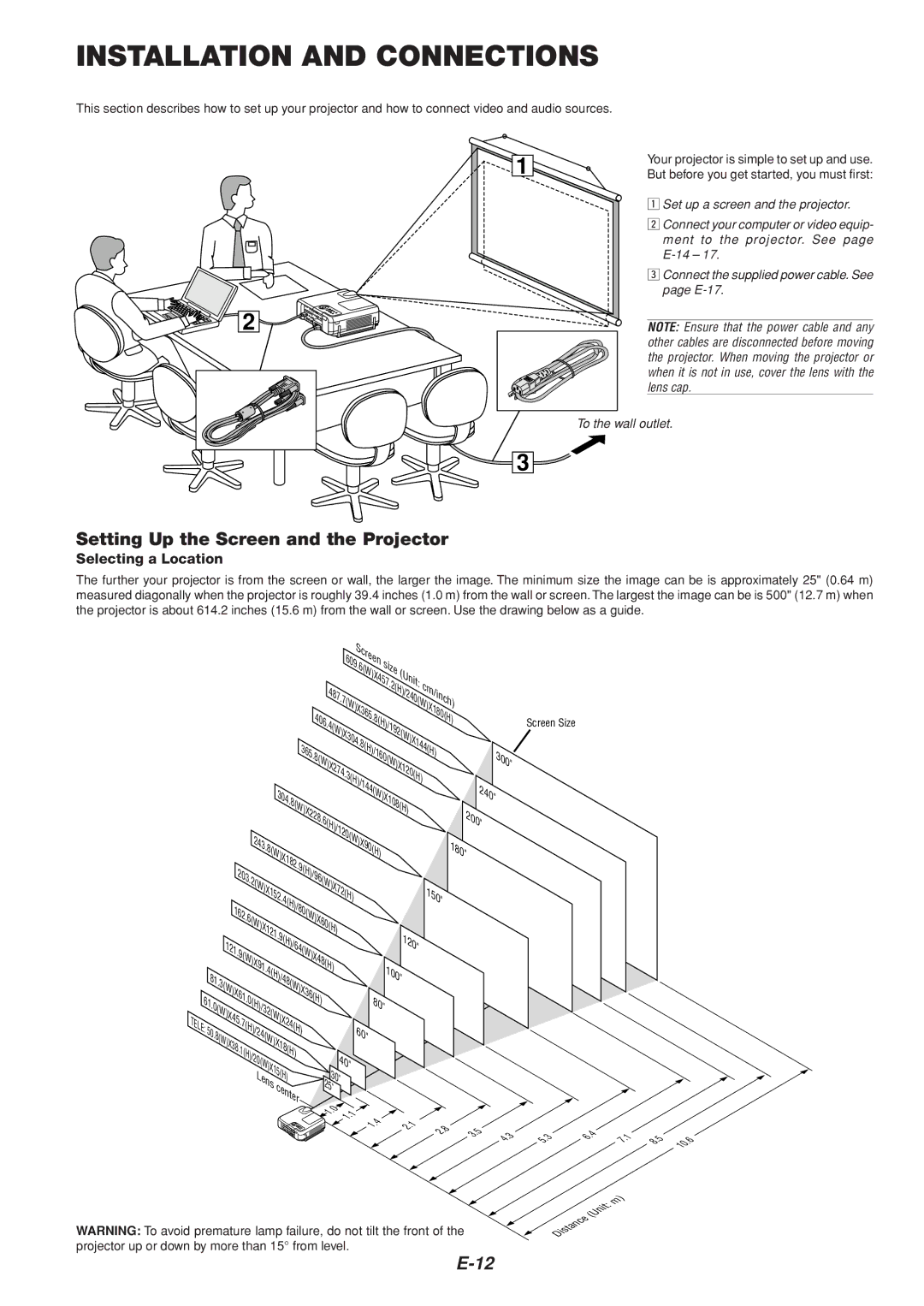 Dukane 8805 user manual Installation and Connections, Setting Up the Screen and the Projector, Selecting a Location 