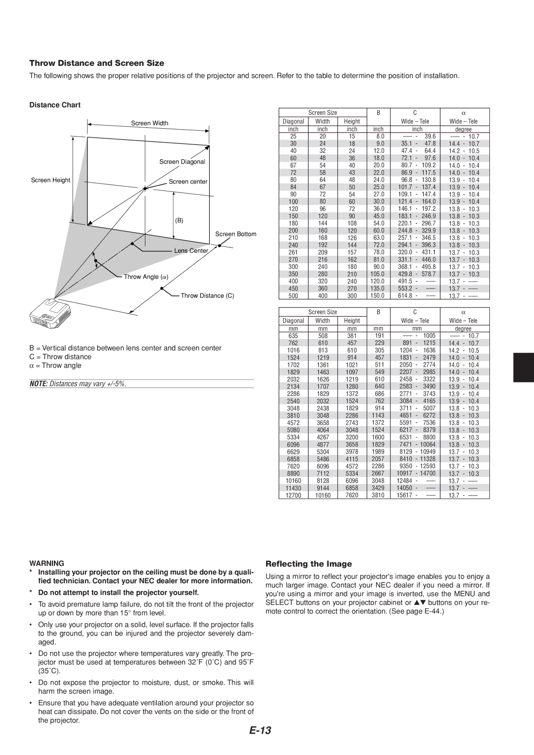 Dukane 8805 user manual Throw Distance and Screen Size, Reflecting the Image, Distance Chart 