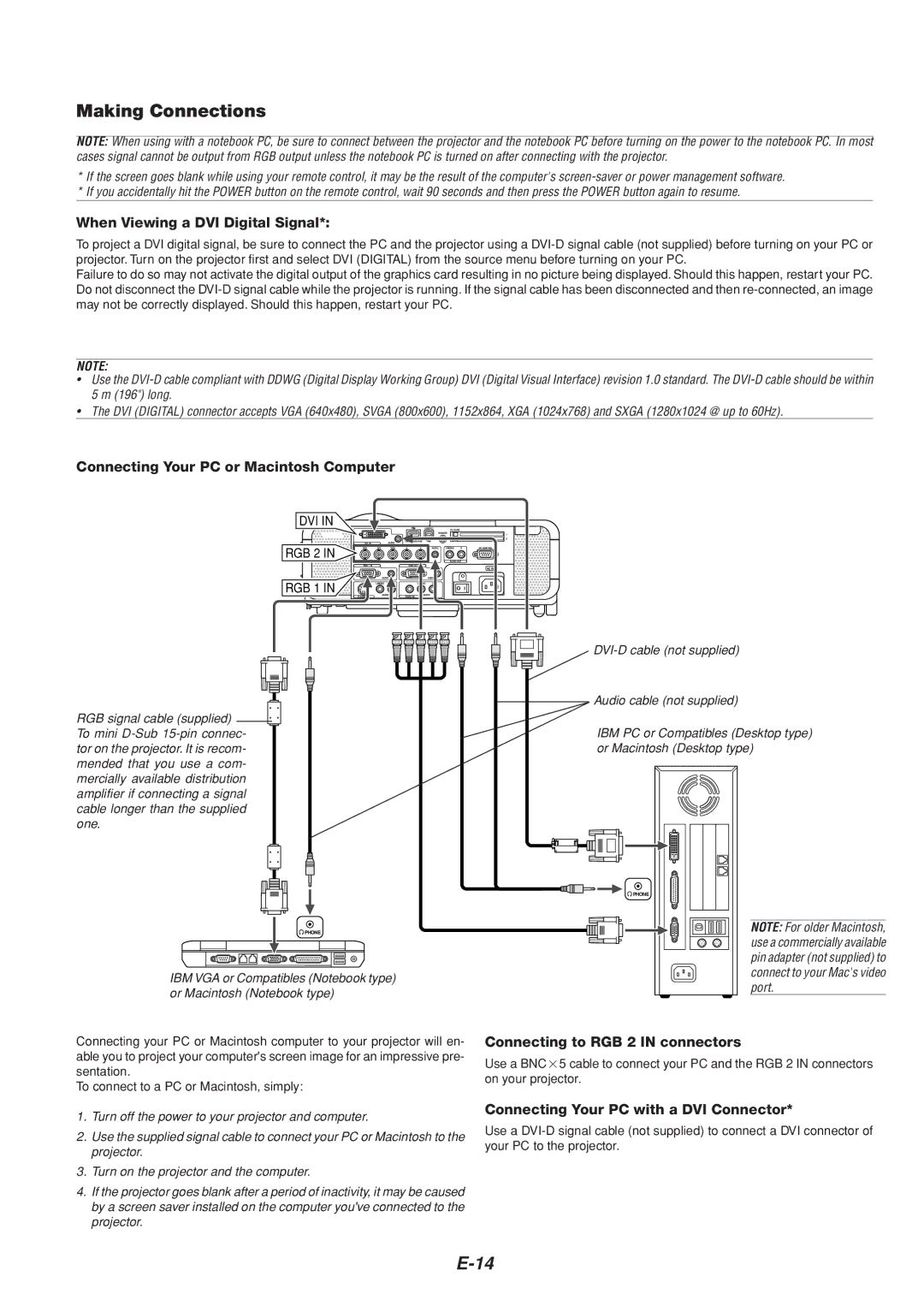 Dukane 8805 user manual Making Connections, When Viewing a DVI Digital Signal, Connecting Your PC or Macintosh Computer 