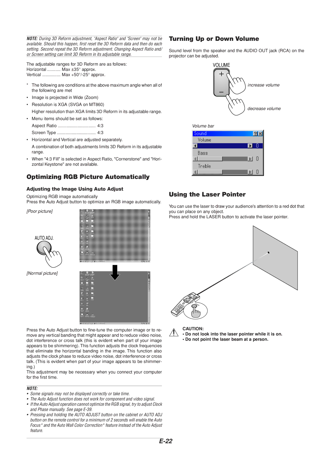 Dukane 8805 user manual Optimizing RGB Picture Automatically, Turning Up or Down Volume, Using the Laser Pointer 