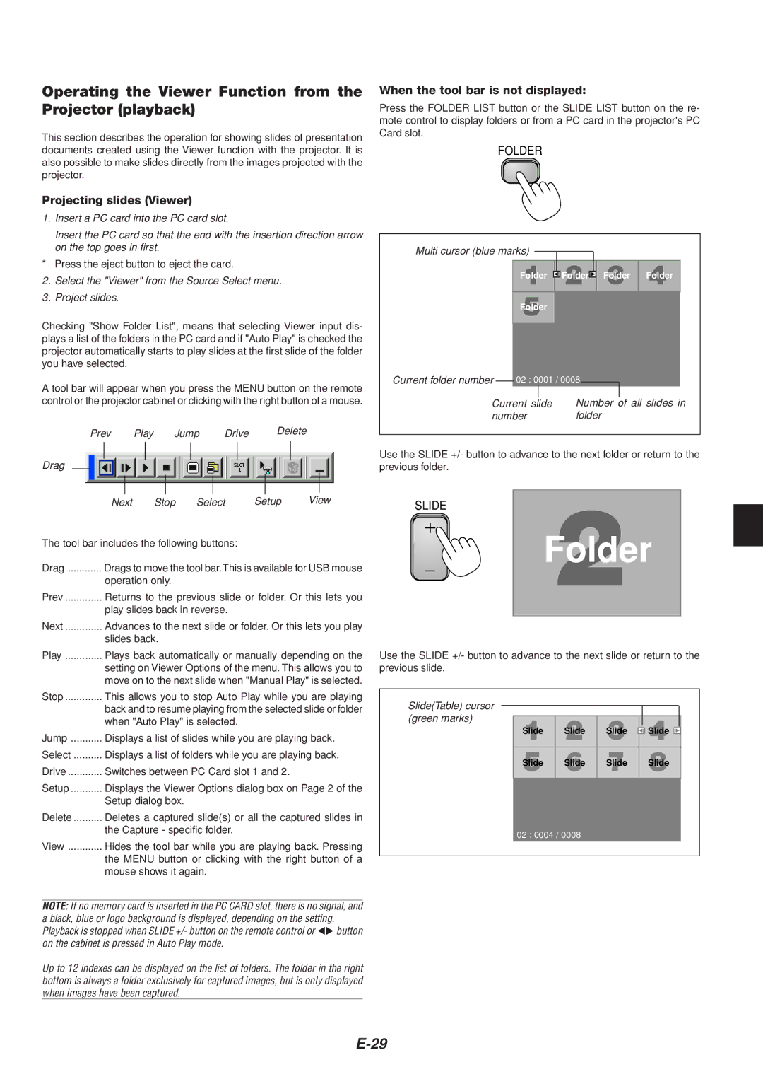 Dukane 8805 user manual Operating the Viewer Function from the Projector playback, Projecting slides Viewer 