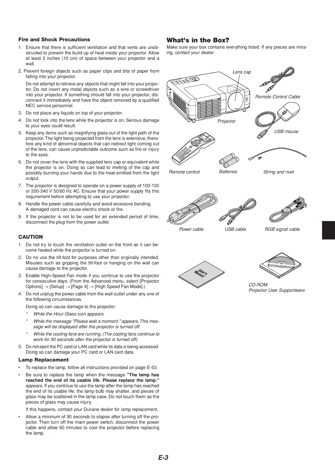 Dukane 8805 user manual Whats in the Box?, Fire and Shock Precautions, Lamp Replacement 