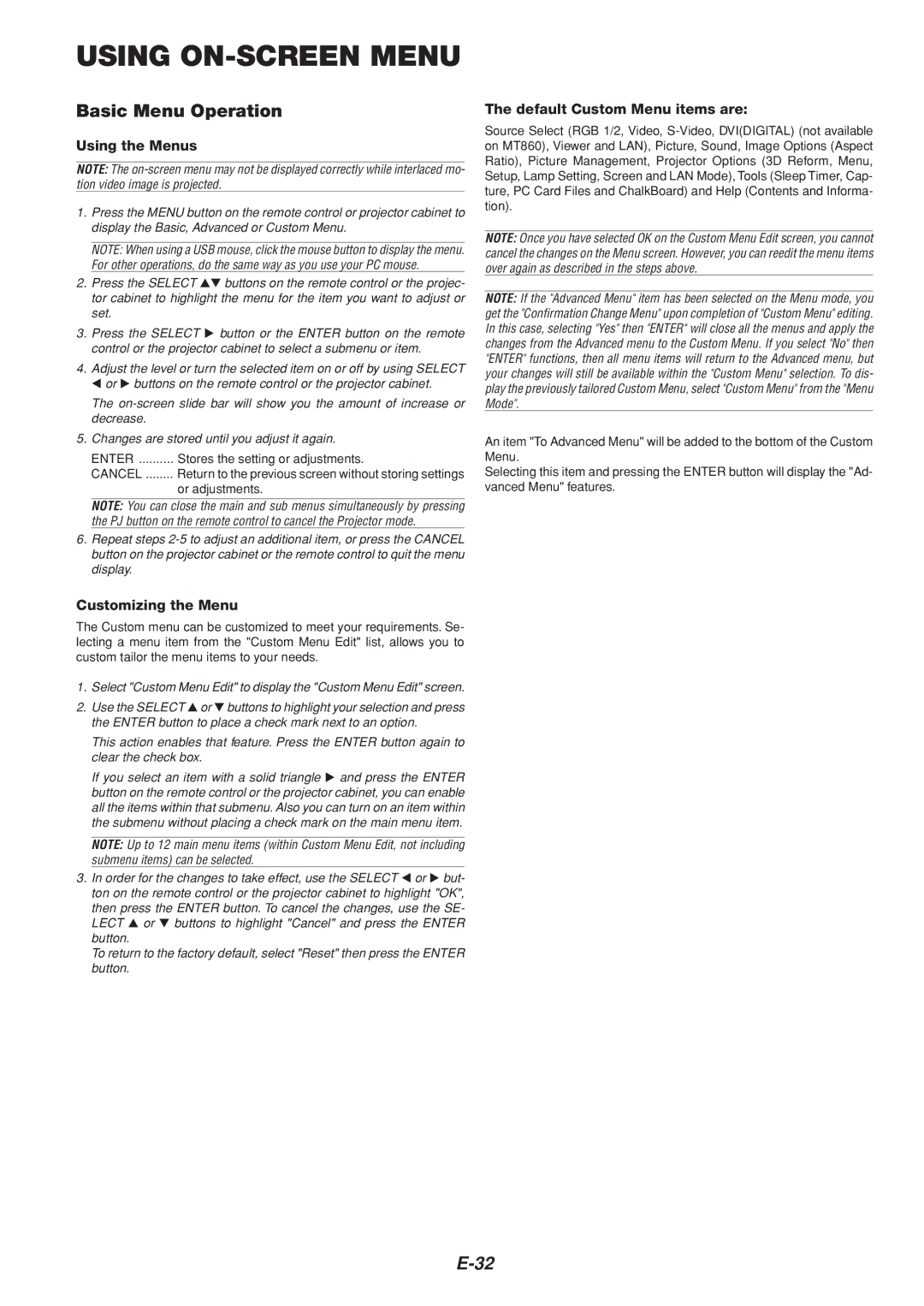 Dukane 8805 user manual Using ON-SCREEN Menu, Basic Menu Operation, Using the Menus, Customizing the Menu 