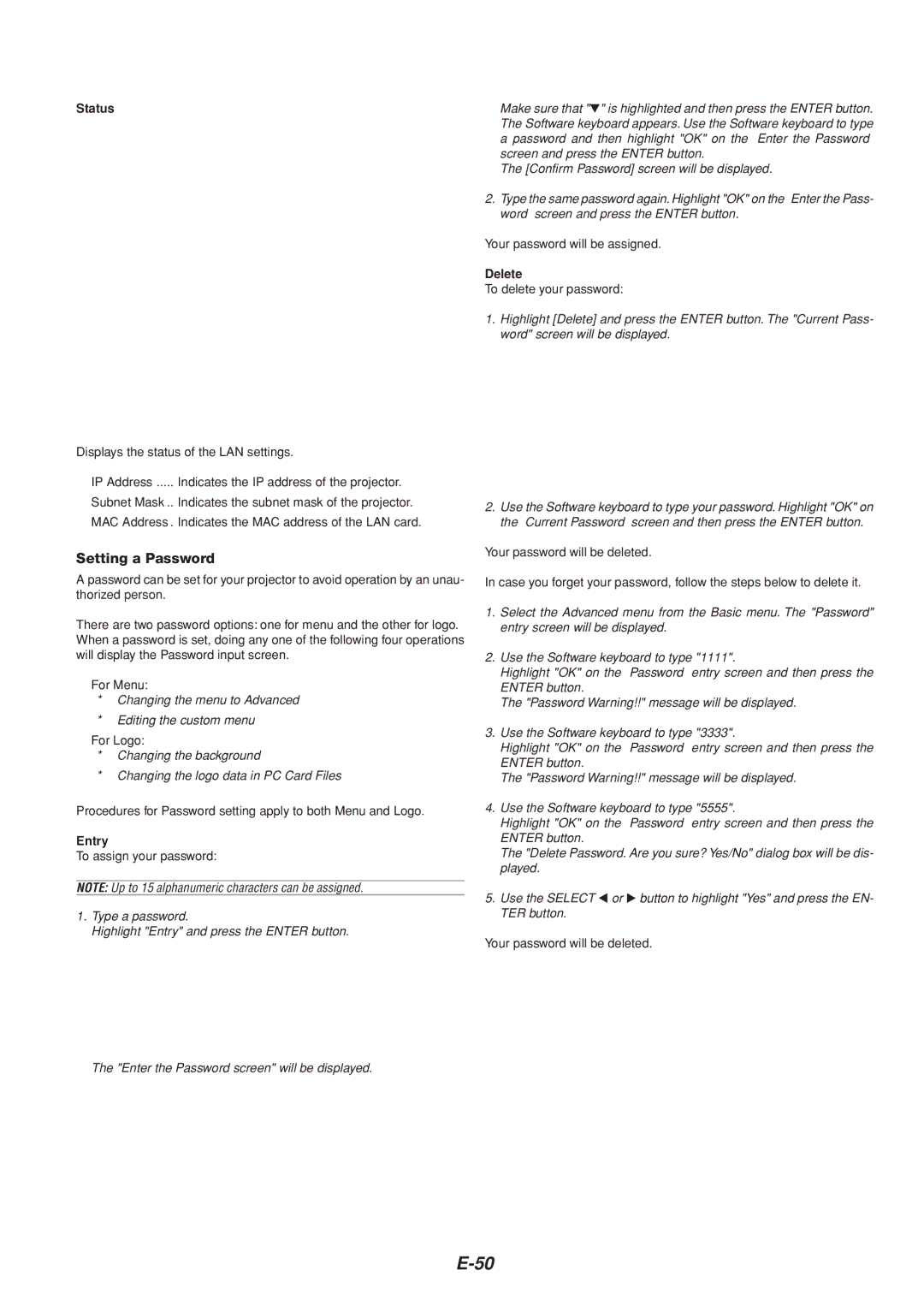 Dukane 8805 user manual Setting a Password, Status, Entry, Delete 