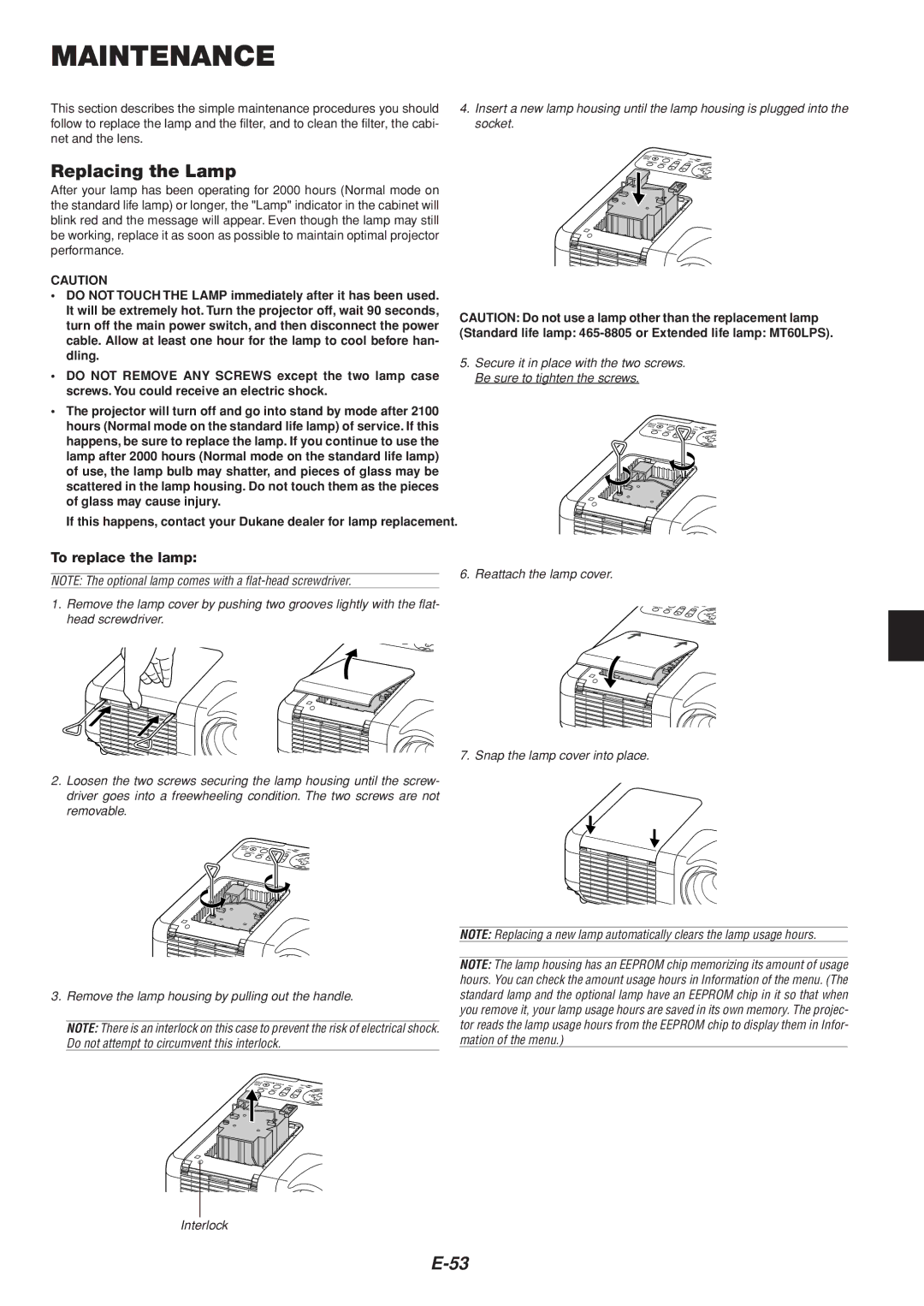 Dukane 8805 user manual Maintenance, Replacing the Lamp, To replace the lamp 