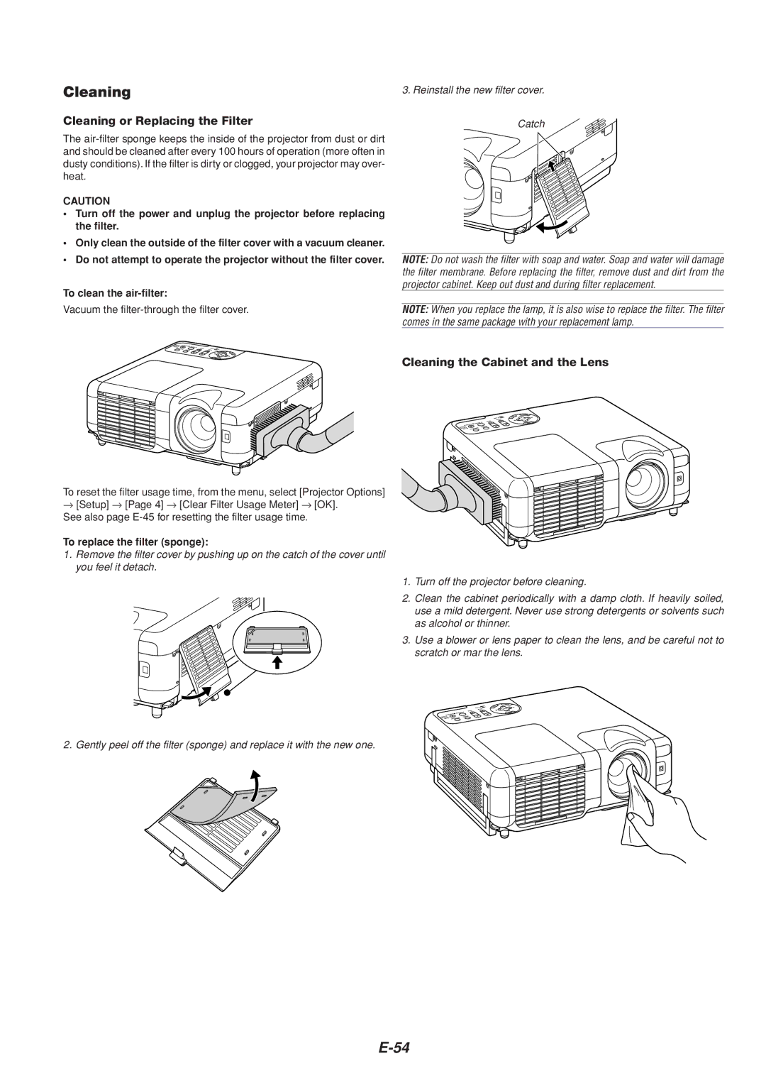 Dukane 8805 Cleaning or Replacing the Filter, Cleaning the Cabinet and the Lens, To replace the filter sponge 