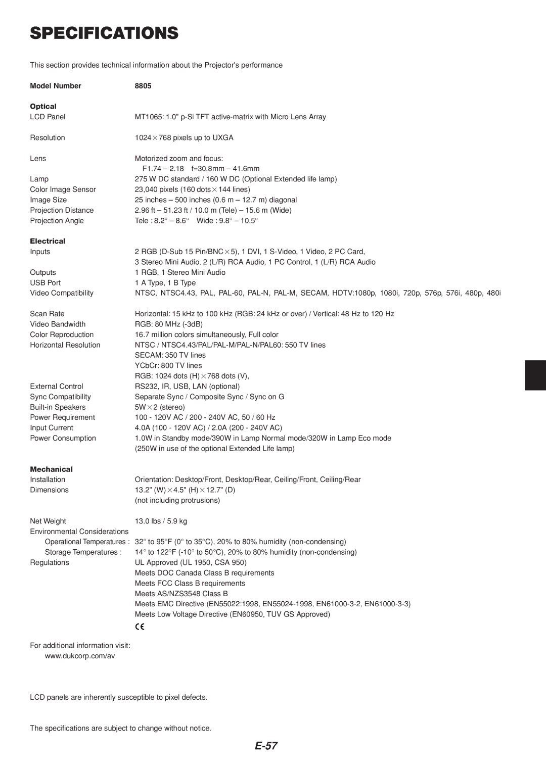 Dukane user manual Specifications, Model Number 8805 Optical 