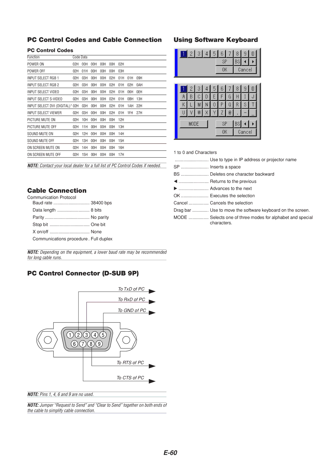 Dukane 8805 user manual PC Control Codes and Cable Connection, PC Control Connector D-SUB 9P, Using Software Keyboard 