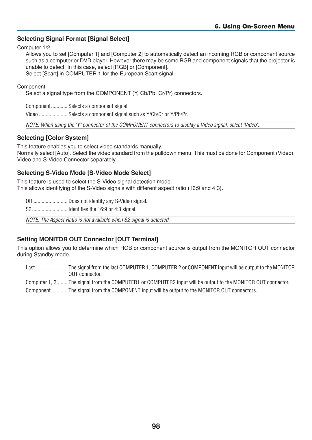 Dukane 8806 user manual Using On-Screen Menu Selecting Signal Format Signal Select, Selecting Color System 