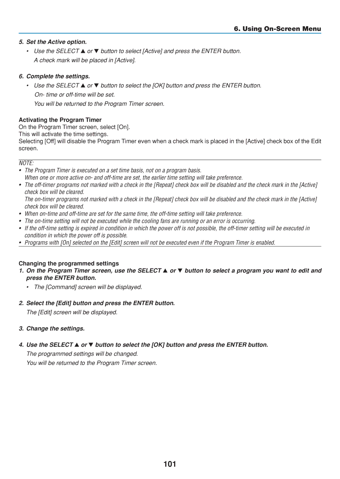 Dukane 8806 user manual 101, Activating the Program Timer, Changing the programmed settings 