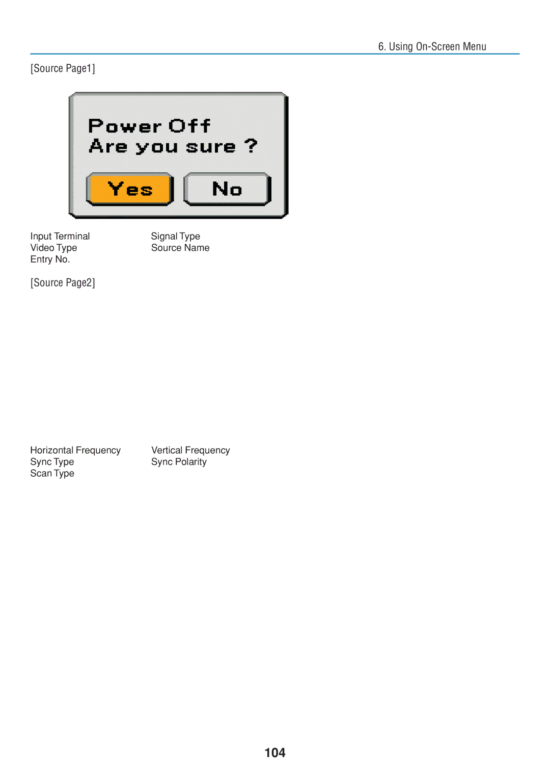 Dukane 8806 user manual 104, Using On-Screen Menu Source Page1, Source Page2 